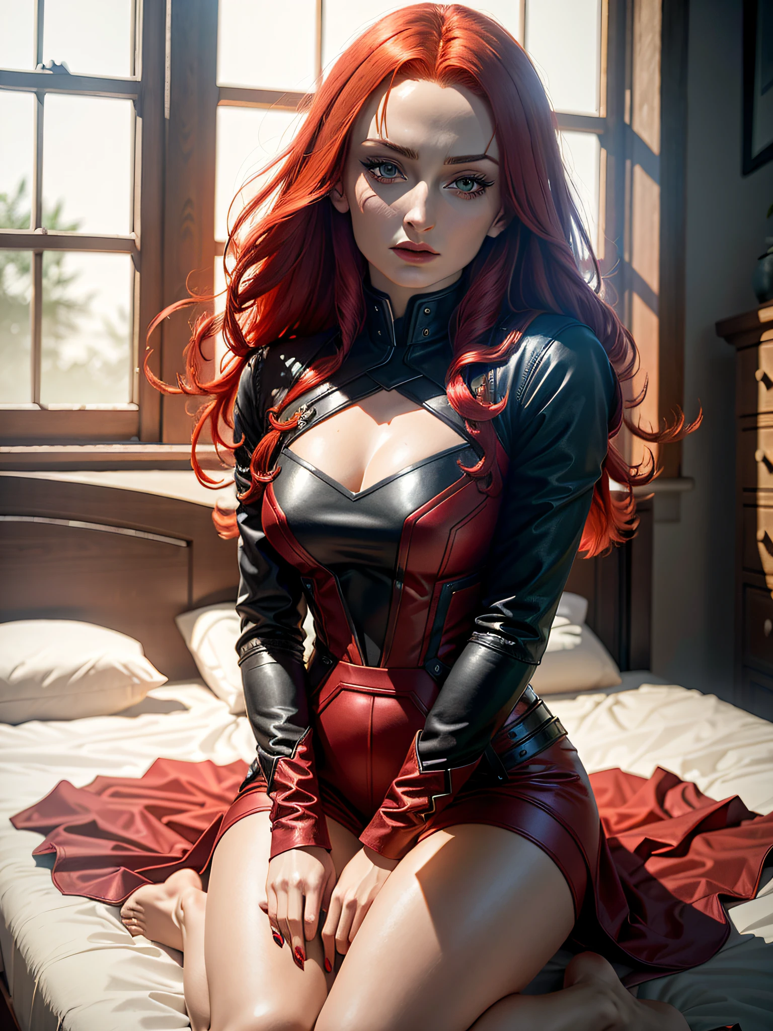 Dark Phoenix (Sophie Turner, red hair), kneeling on the bed, behind, photorealistic, 8k, Photo raw, depth of field
