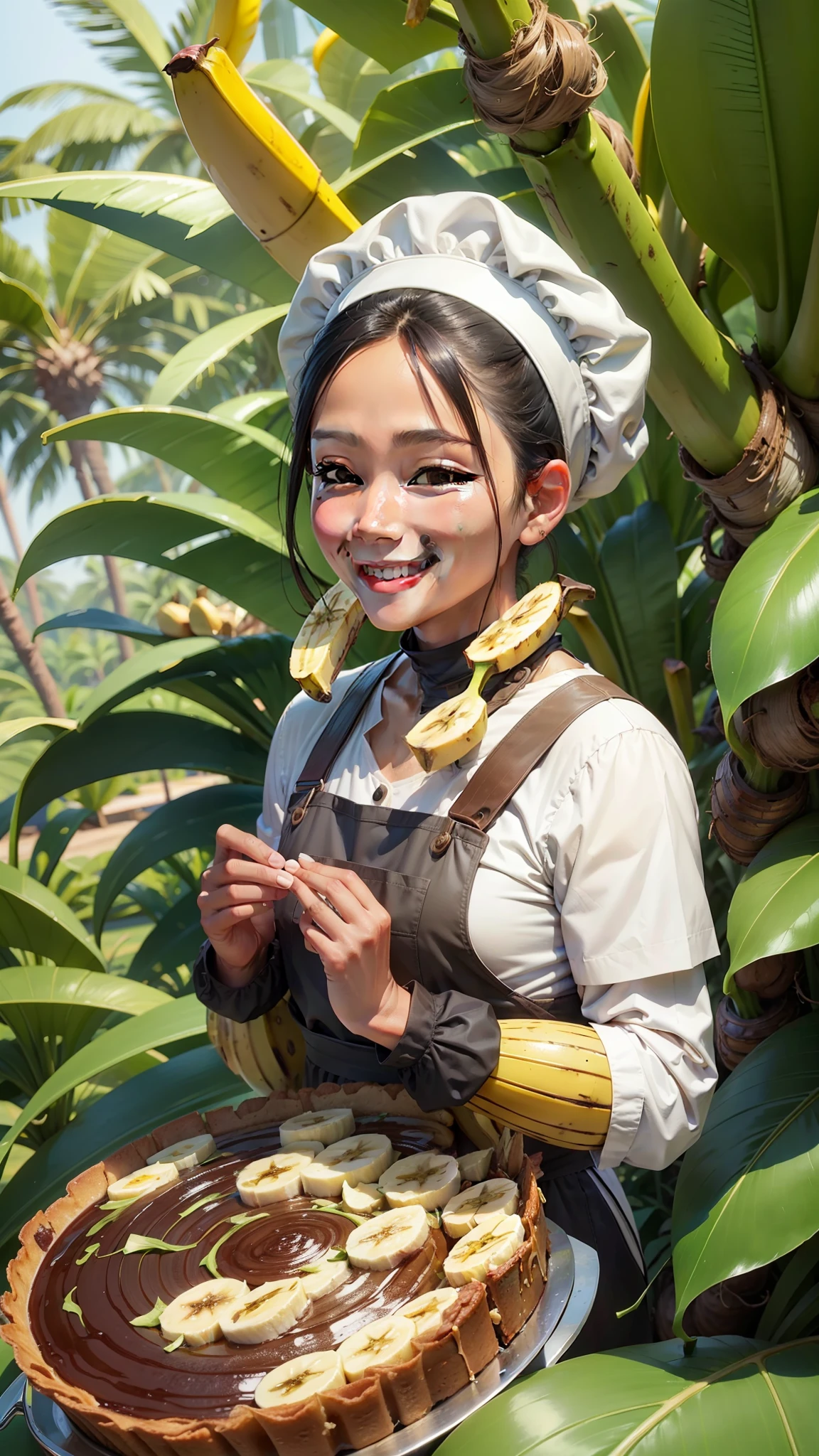 a Cook smiling looking at several banana cakes and in the background several banana trees and bunches of bananas --auto --s2