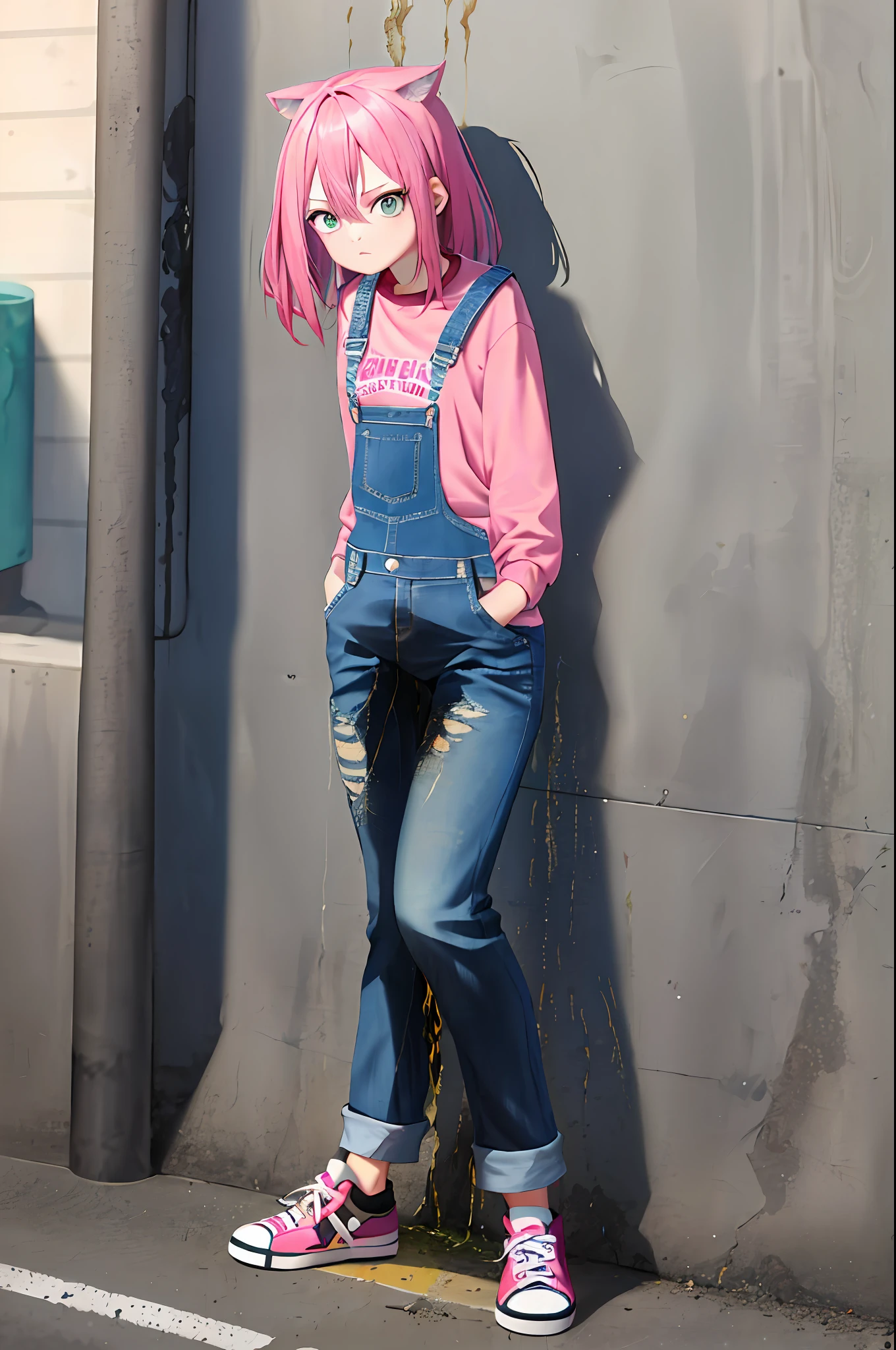 Girl, black and pink hair, baggy blue denim overalls, sneakers, skate park, ((peeing stain)), worried, standing