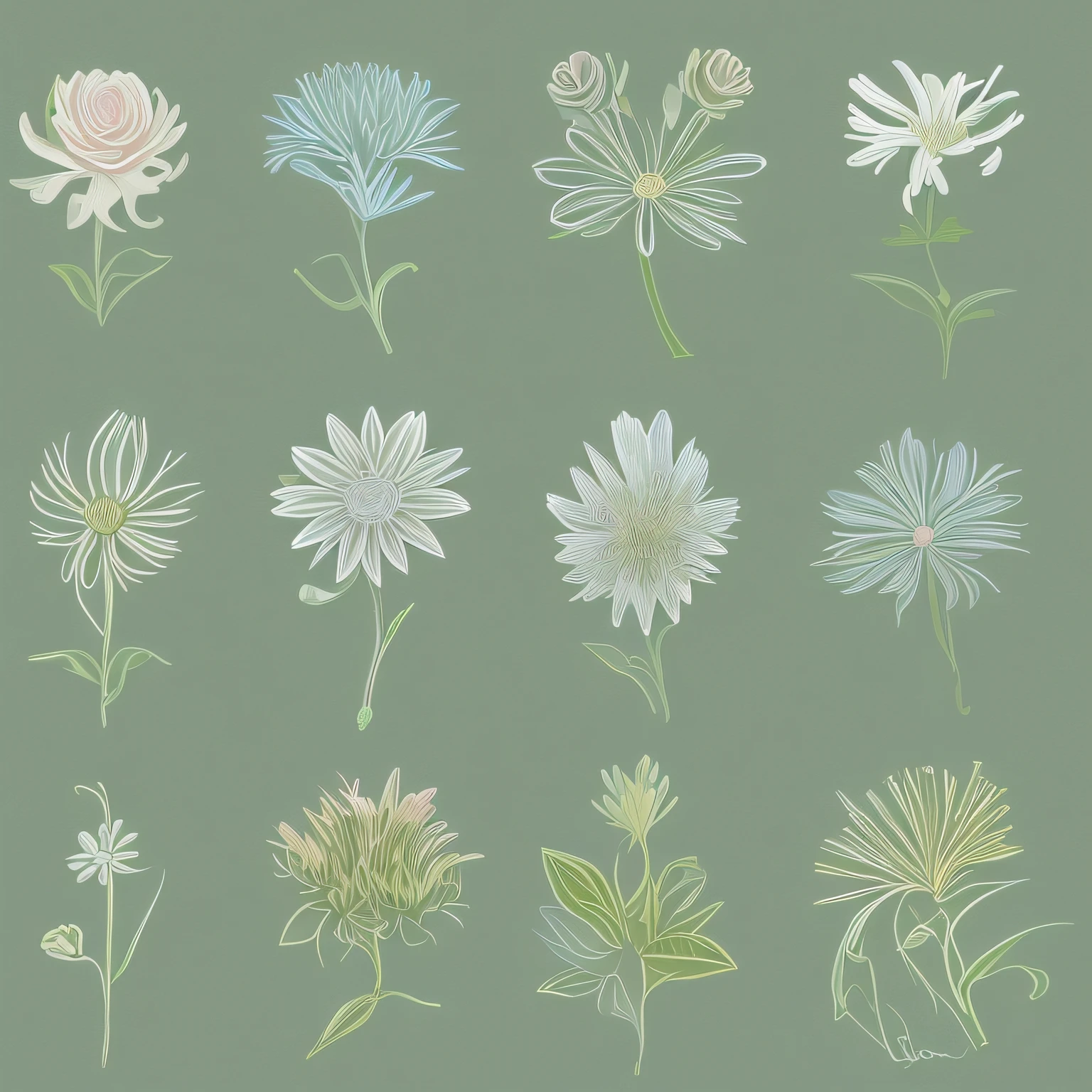Small flower design, botanical style, label style, flat style, vector style, drawing style, naïve style, in very soft pastel colors such as pink, pastel purple, pastel green, pastel blue, light blue, beige, light pastel yellow.