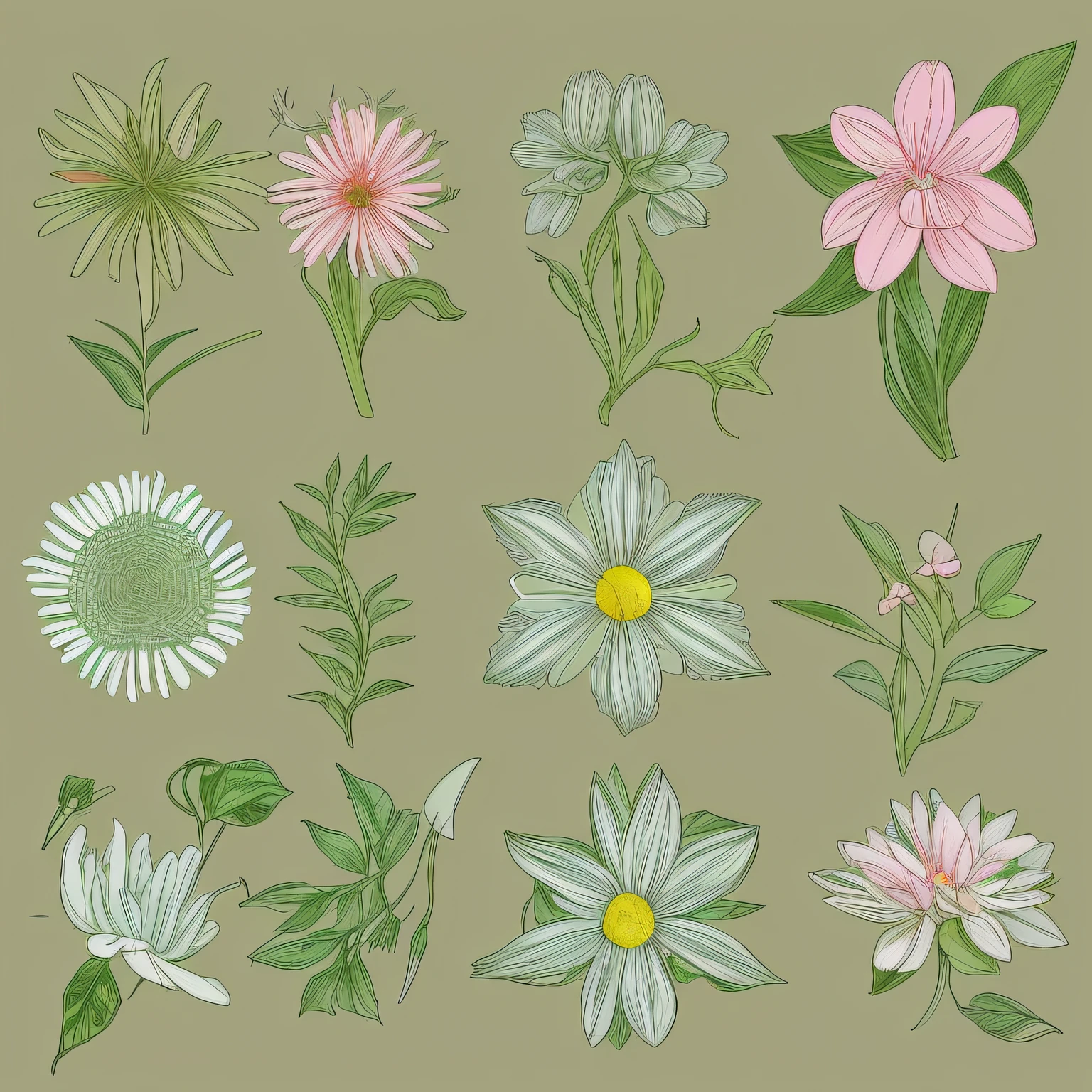 Small flower design, botanical style, label style, flat style, vector style, drawing style, naïve style, in very soft pastel colors such as pink, pastel purple, pastel green, pastel blue, light blue, beige, light pastel yellow.