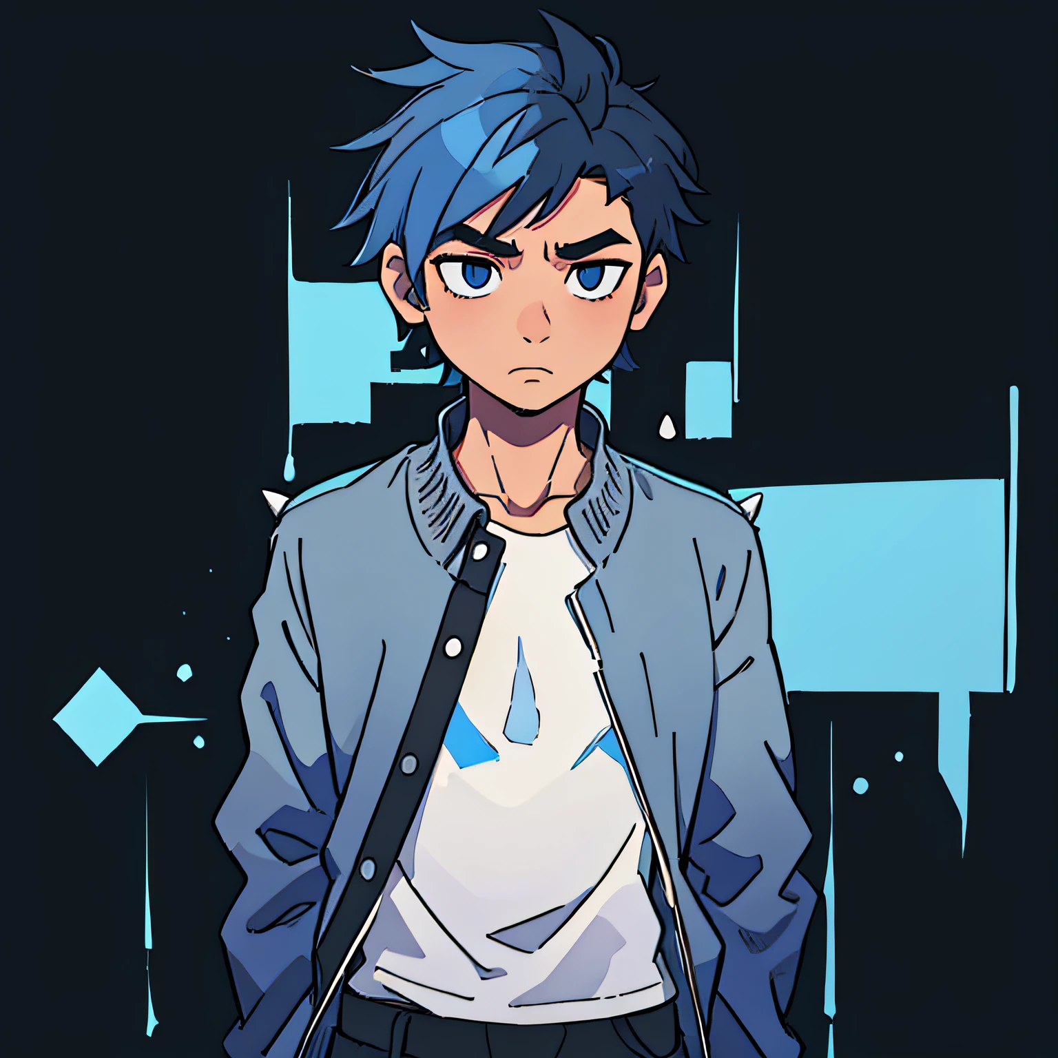 1boy, solo, (body), black background, flat color, outline, blue hair, spiked hair, blank eyes, standing, --auto --s2