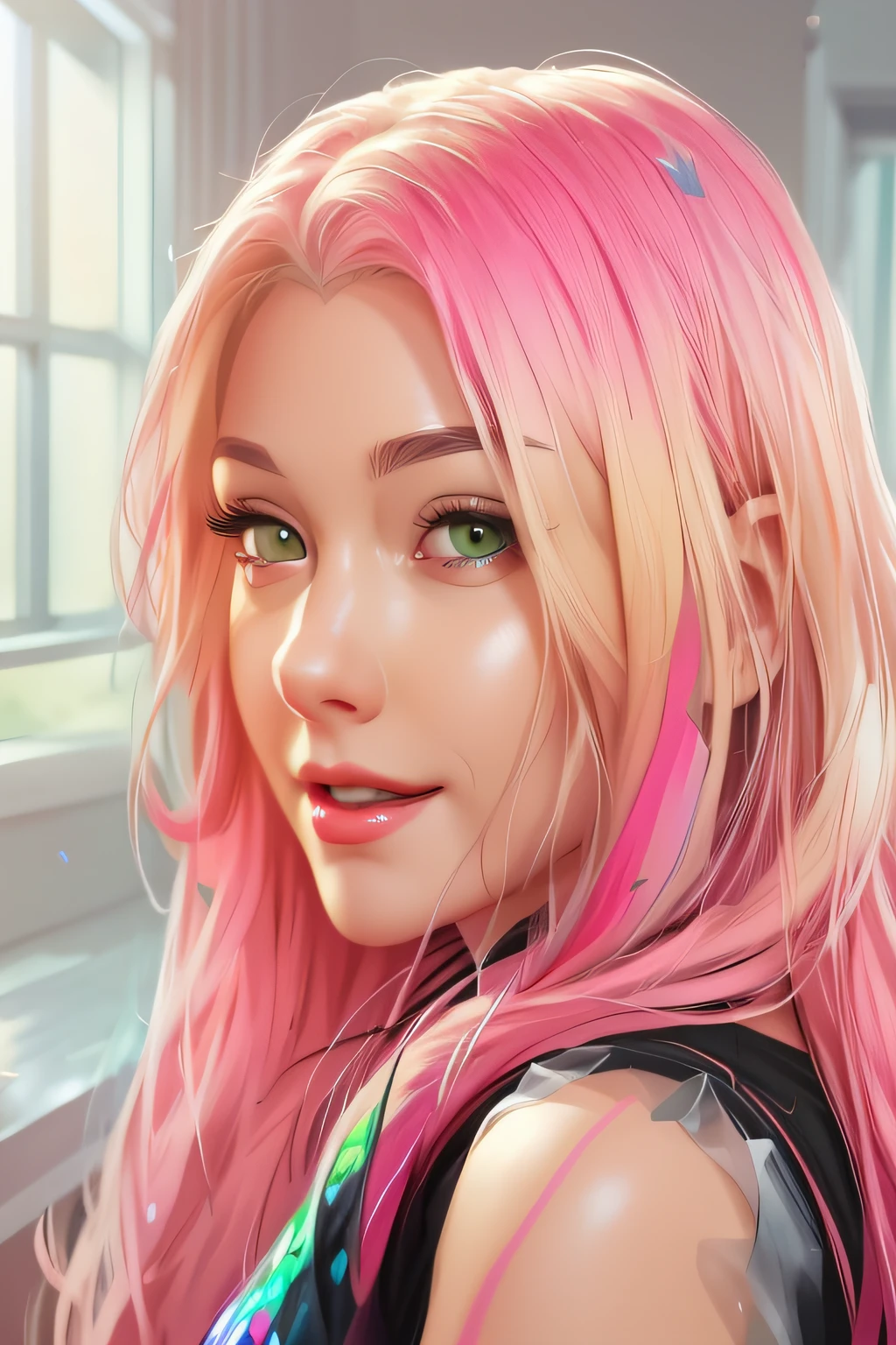 woman blonde hair green eyes and pink batm and a black top, realistic art style, RossDraws portrait, Artgerm portrait, Anime realistic artstyle, 4K realistic digital art, 4K realistic digital art, 8K Artgerm Bokeh, DeviantArt Artstation CGScosiety, ArtGerm extremely detailed, made with anime painter studio, RossDraw digital painting