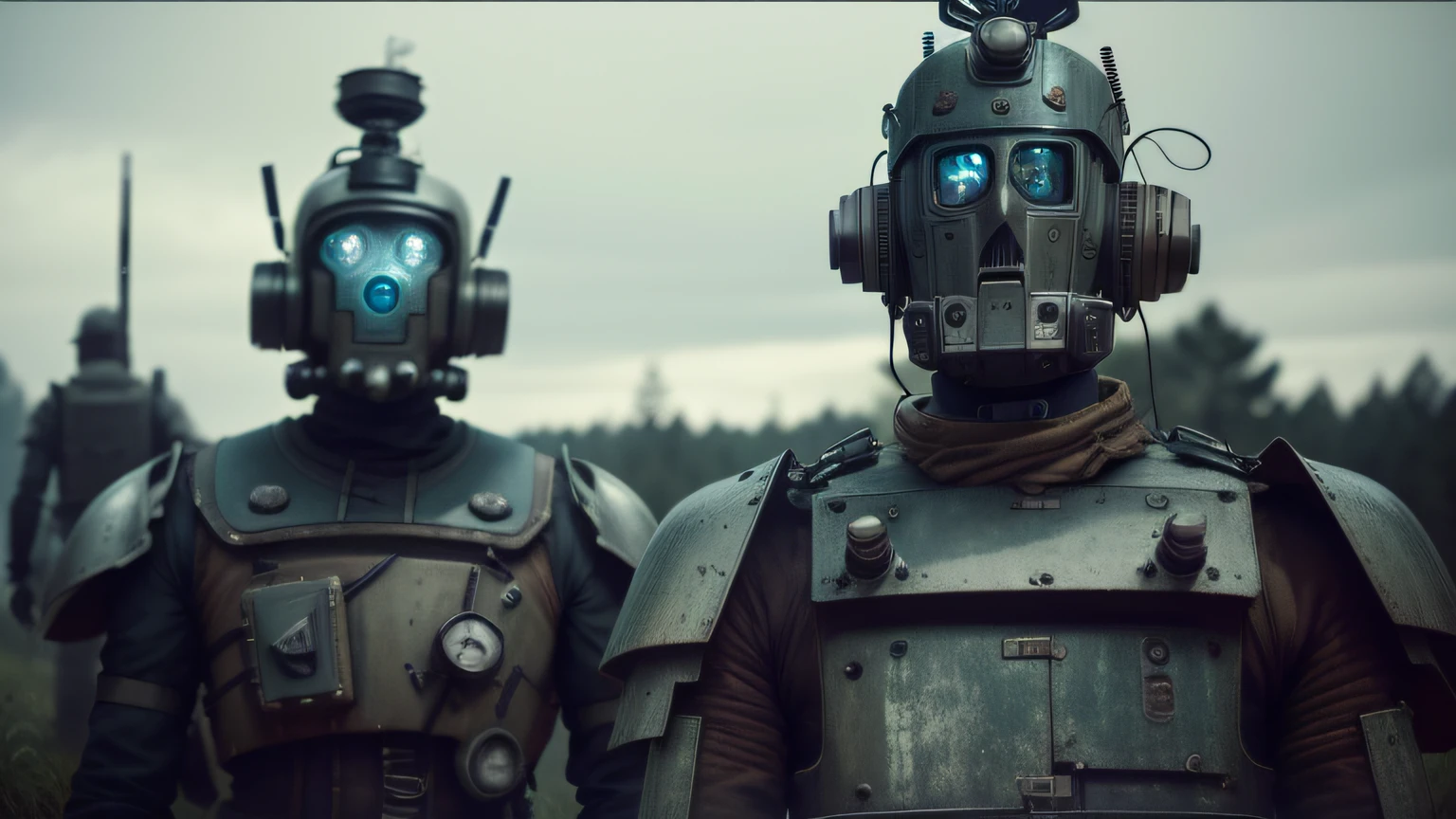 there are two robots that are standing next to each other, by emmanuel lubezki, dieselpunk style, featured on vimeo, а fantasy proto-slavic mythology, steam punk party, war boys, forest punk, high collar, by Matt Stewart, cory behance hd, by David Firth, —n 9, high resolution film still, heilung