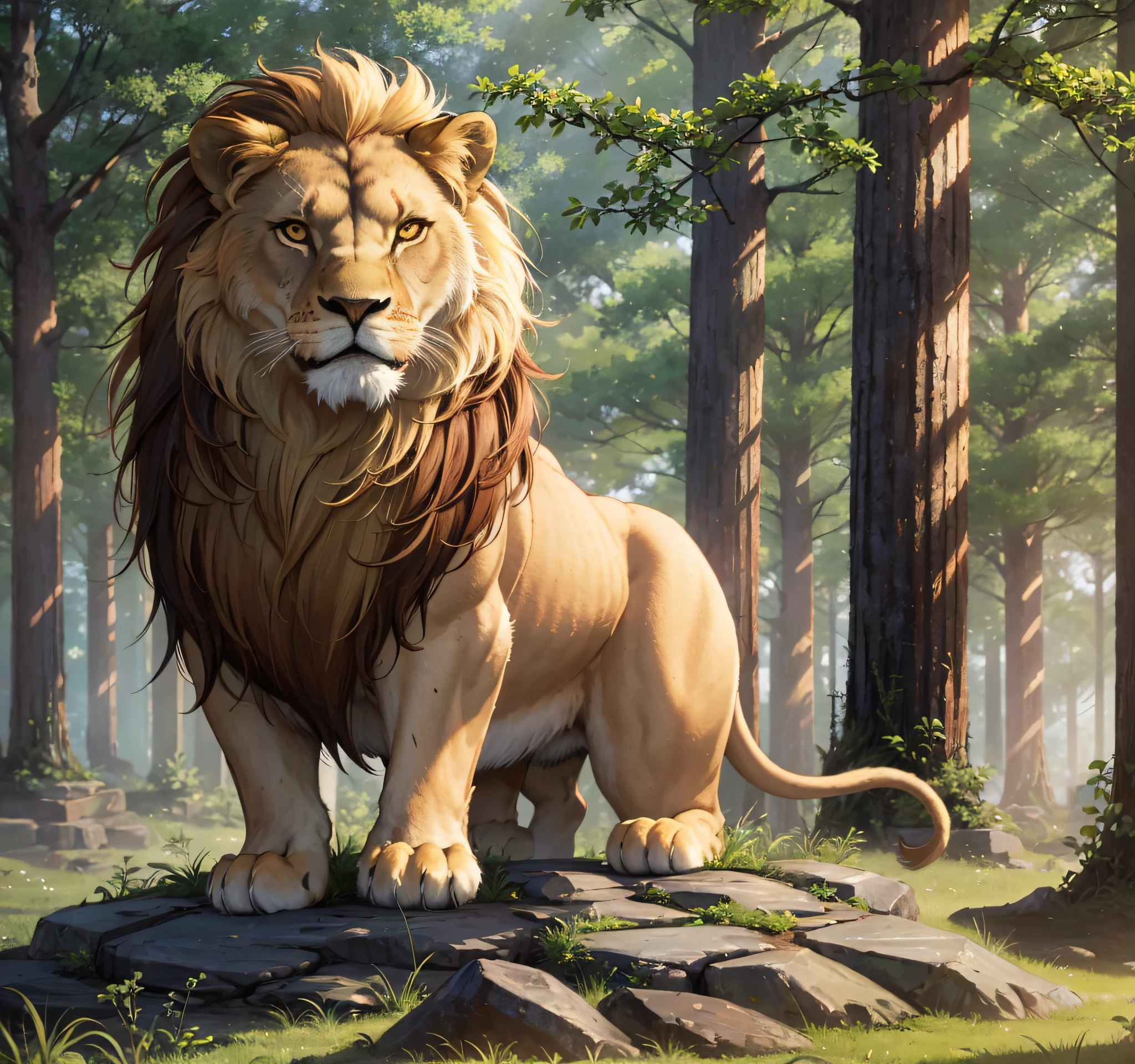 A lion, with its exuberant mane, stands on a stone. His musculature evident. The stone, worn down by time. The landscape around it is a forest with tall trees that form a verdant canopy. Golden rays of light from the sunset pierce through the foliage. Sunset