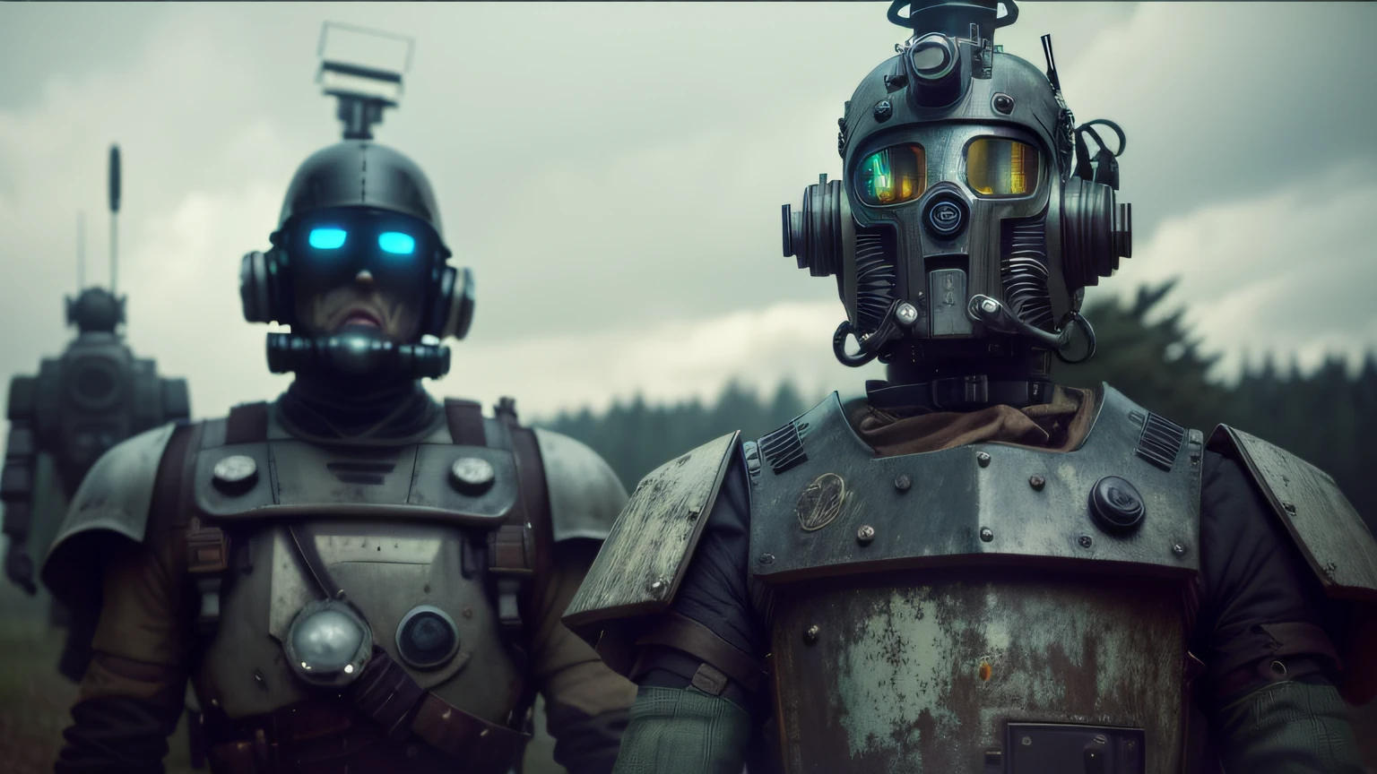 there are two robots that are standing next to each other, by emmanuel lubezki, dieselpunk style, featured on vimeo, а fantasy proto-slavic mythology, steam punk party, war boys, forest punk, high collar, by Matt Stewart, cory behance hd, by David Firth, —n 9, high resolution film still, heilung