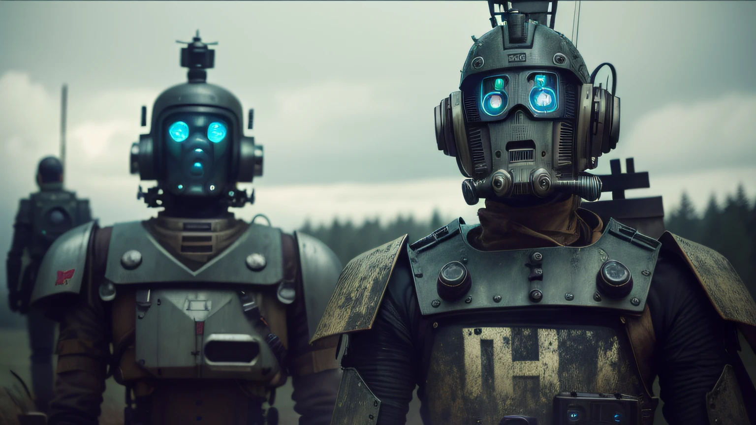 there are two robots that are standing next to each other, by emmanuel lubezki, dieselpunk style, featured on vimeo, а fantasy proto-slavic mythology, steam punk party, war boys, forest punk, high collar, by Matt Stewart, cory behance hd, by David Firth, —n 9, high resolution film still, heilung