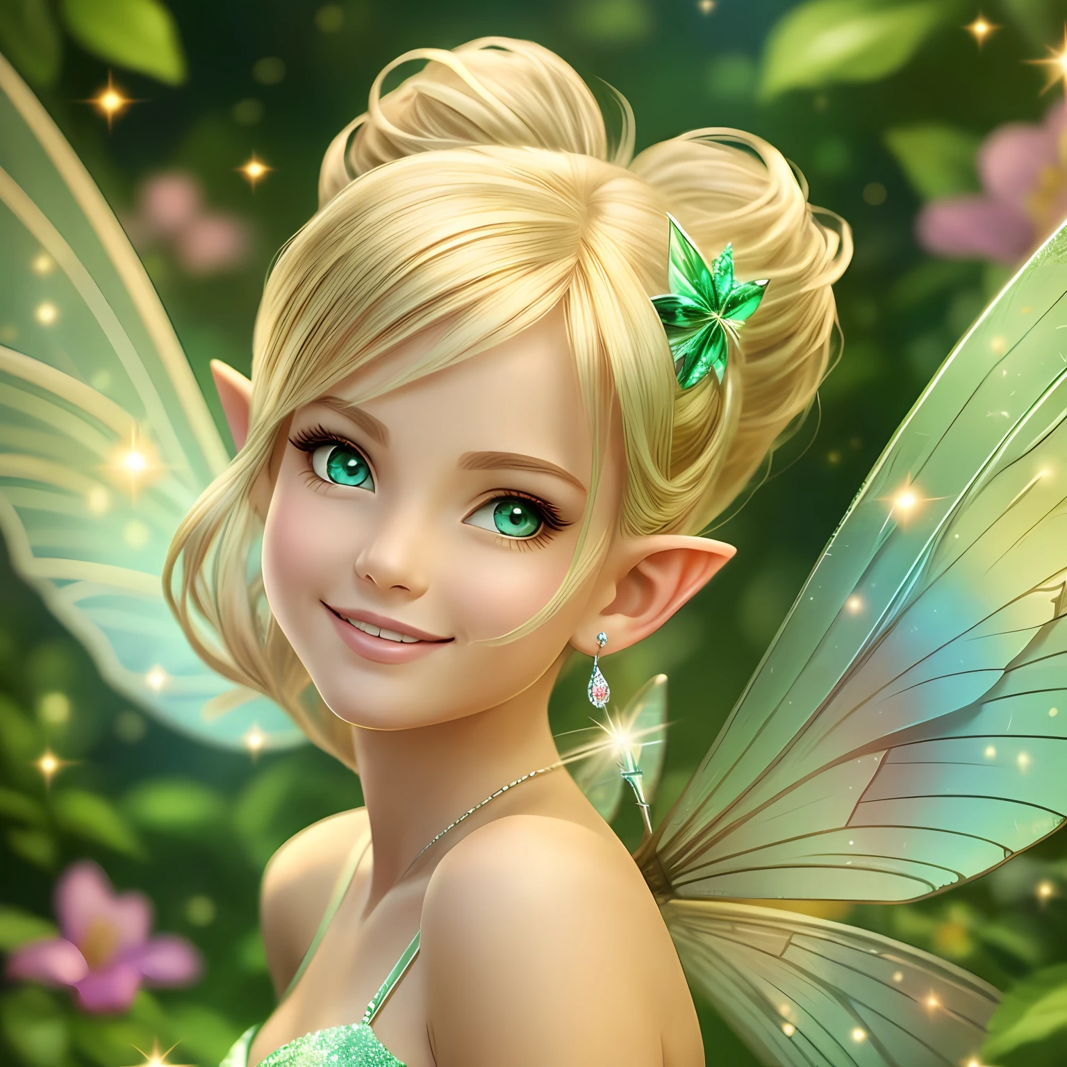 fairy Tinkerbell, smiling, pointy ears, beautiful, realistic image --auto --s2