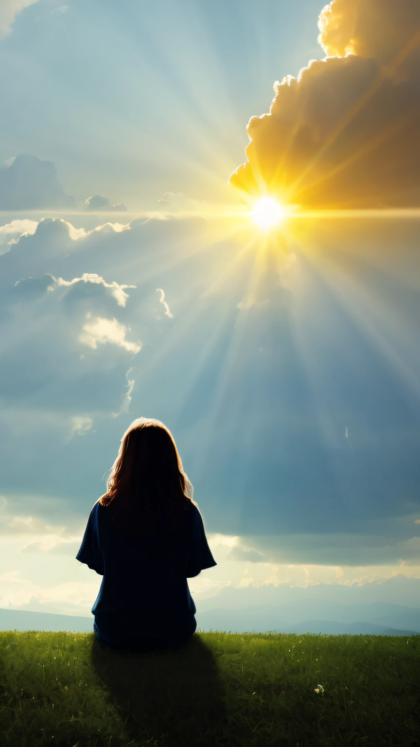The image depicts a scene of deep sadness, where a lonely person is sitting in a desolate place. Her face is marked by an expression of sadness and discouragement, reflecting the emotional charge she carries.

The sky above is shrouded in dark clouds, echoing the person's mood. However, a ray of light bursts through the clouds, highlighting a divine hand descending from the sky.

The divine hand is clearly identifiable, emanating an aura of goodness and love. It is a powerful and majestic hand, representing the presence of God in a person's life. His palm is facing upwards, as a sign of welcome and divine care.

When one notices God's hand descending, one is filled with surprise and hope. His eyes sparkle with a new flame of expectation and faith as he stretches out his trembling hands toward the divine hand.

As the hand approaches, beams of golden light spread across the room, enveloping the person in a comforting warmth. This divine light brings comfort and relief, dispelling sadness and bringing a renewed sense of hope.

The picture as a whole is a clear representation of the interplay between human sorrow and the powerful hand of God. It inspires a sense of trust and faith, reminding us that even in the darkest of situations, the divine presence is always available to support and guide us.