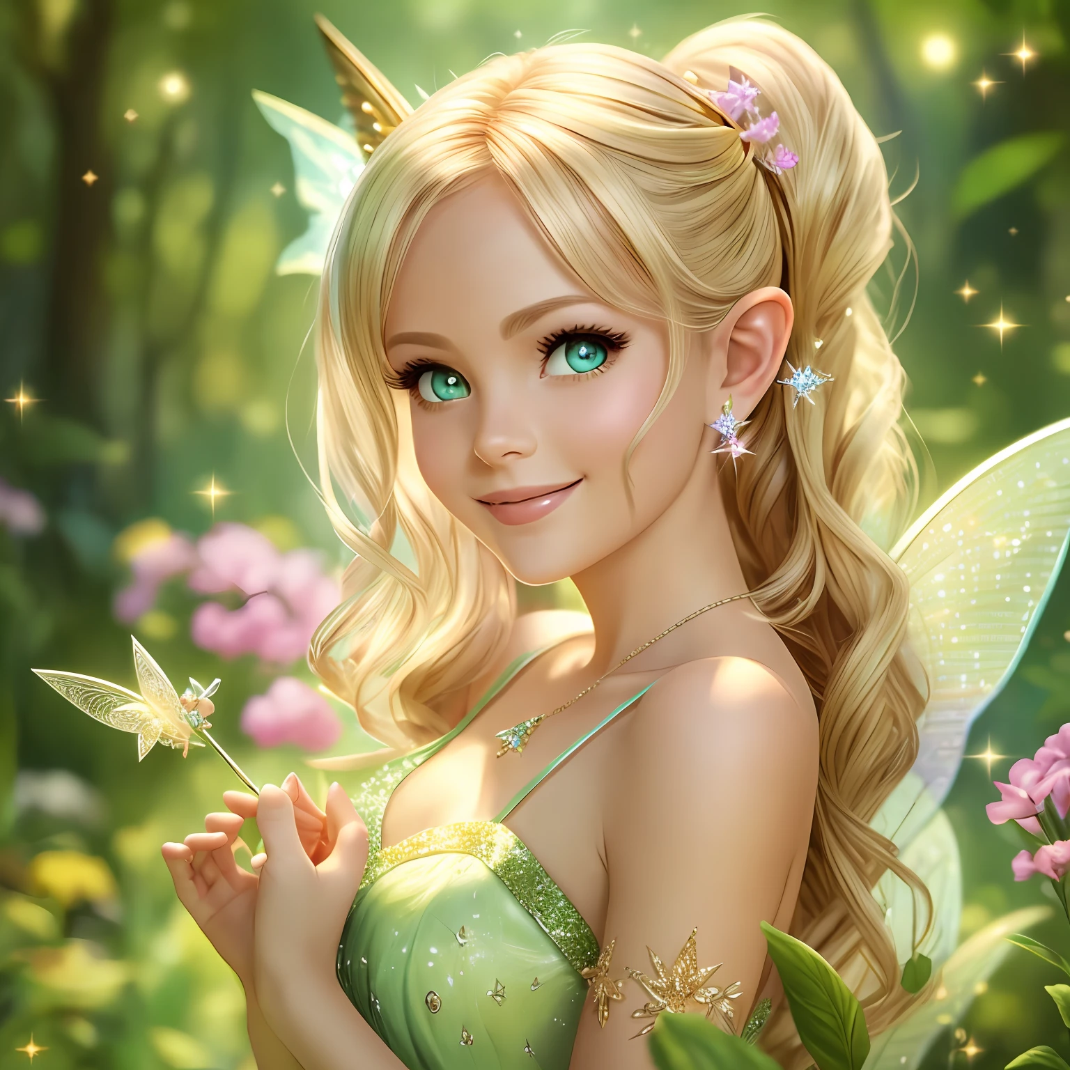 fairy Tinkerbell, smiling, pointy ears, beautiful, realistic image --auto --s2