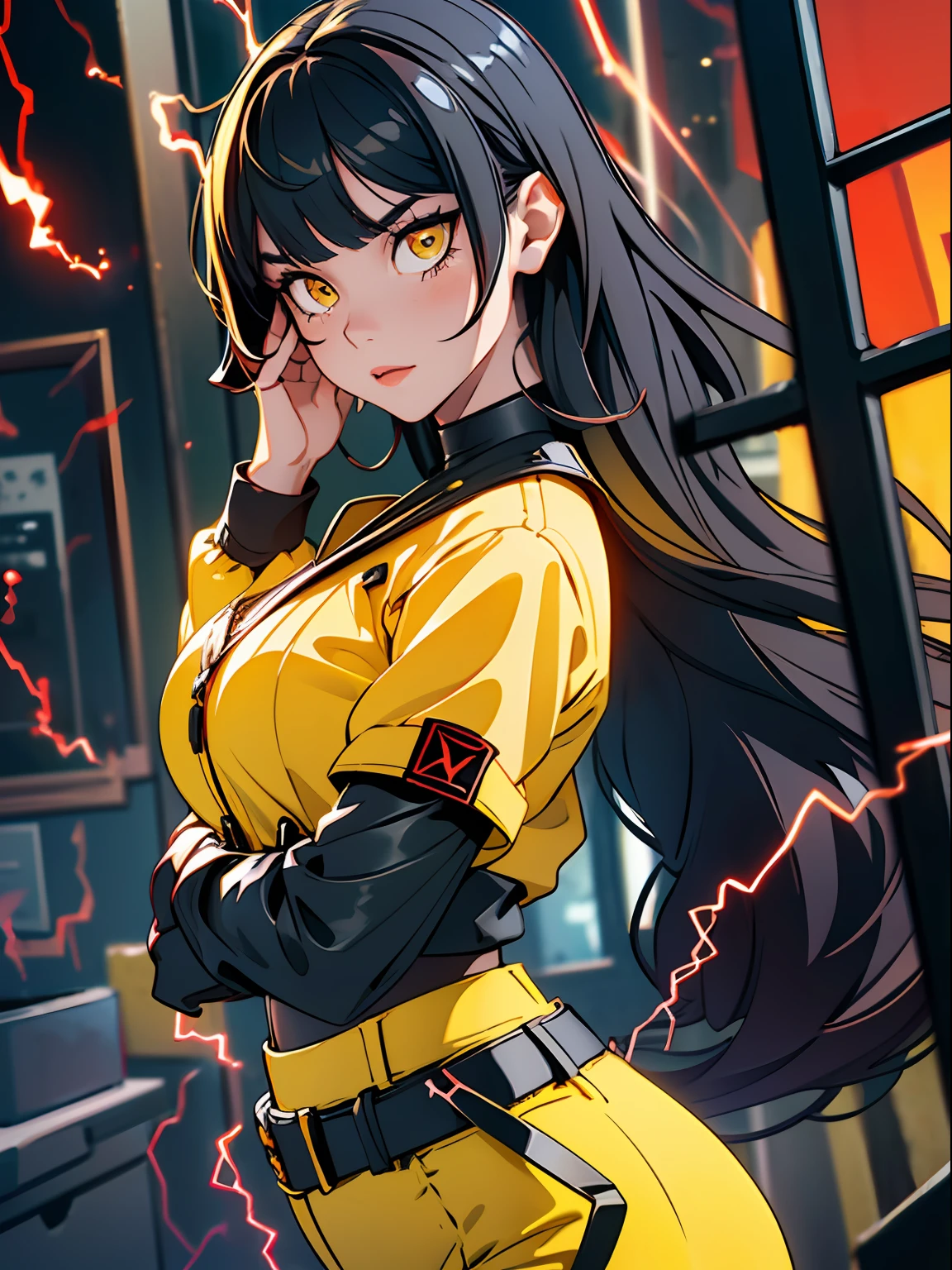(masterpiece, best quality),(thick waist)1girl, mysterious, black hair, yellow eyes, (yellow top, black pants, black goth belts, red lace, red frills), looking at a window, ((electricity, electric powers, yellow lightings)), expressive eyes, perfect face ,blurry foreground --auto --s2