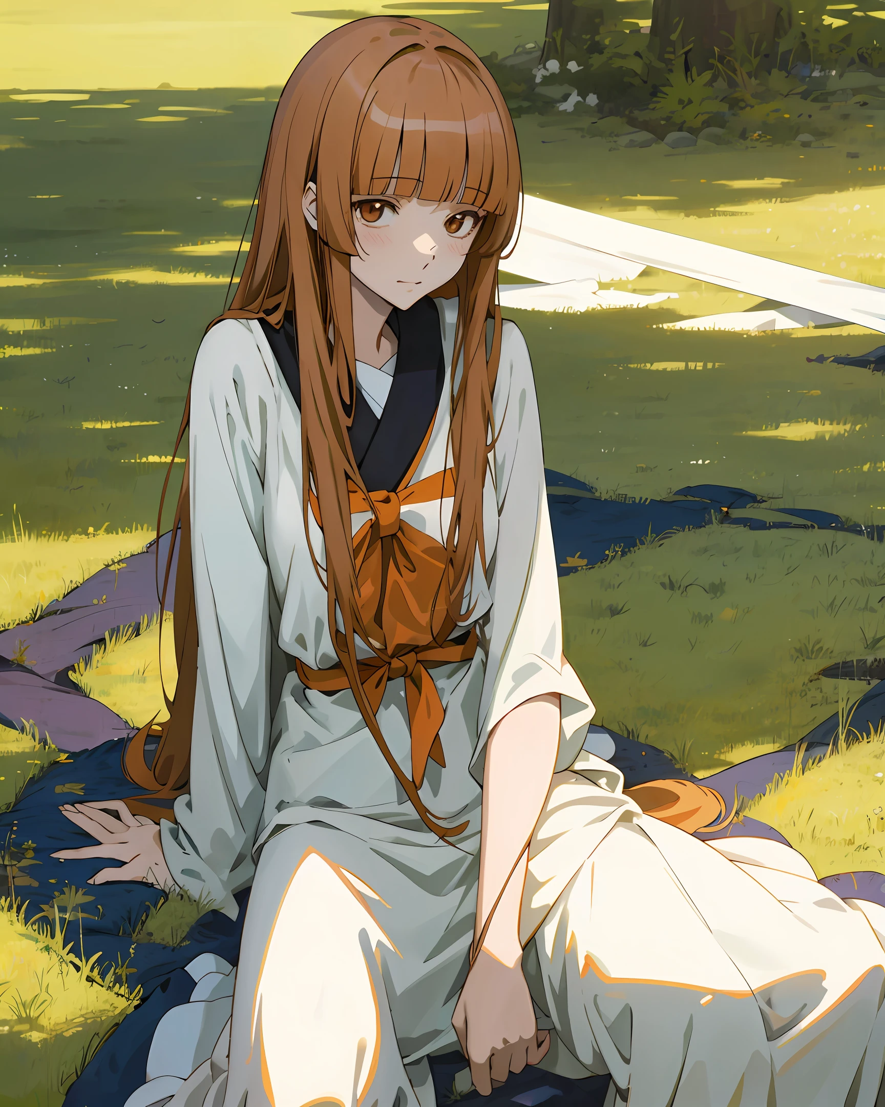 Make an art of the character chiyo from the manga Ane naru mono in which she will be sitting in light clothes on the grass