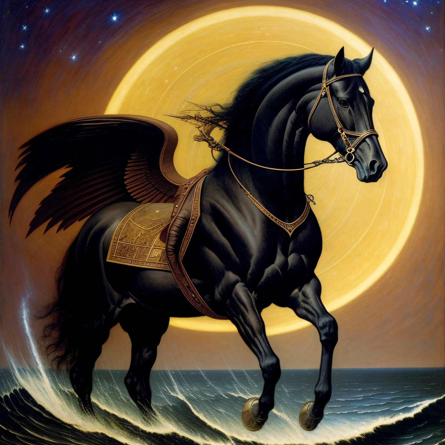 winged black horse by Edward Robert Hughes, by Nikolai Ge, by Gaetano Previati, constellation of stars, tarot cards, cosmic goddess by Carlos Schwabe, Edward Hughes by Jan Zrzavý, by Jean Delville, planets, shooting stars, Sun. enoch bolles, by Archibald Motley, by Rolf Armstrong,