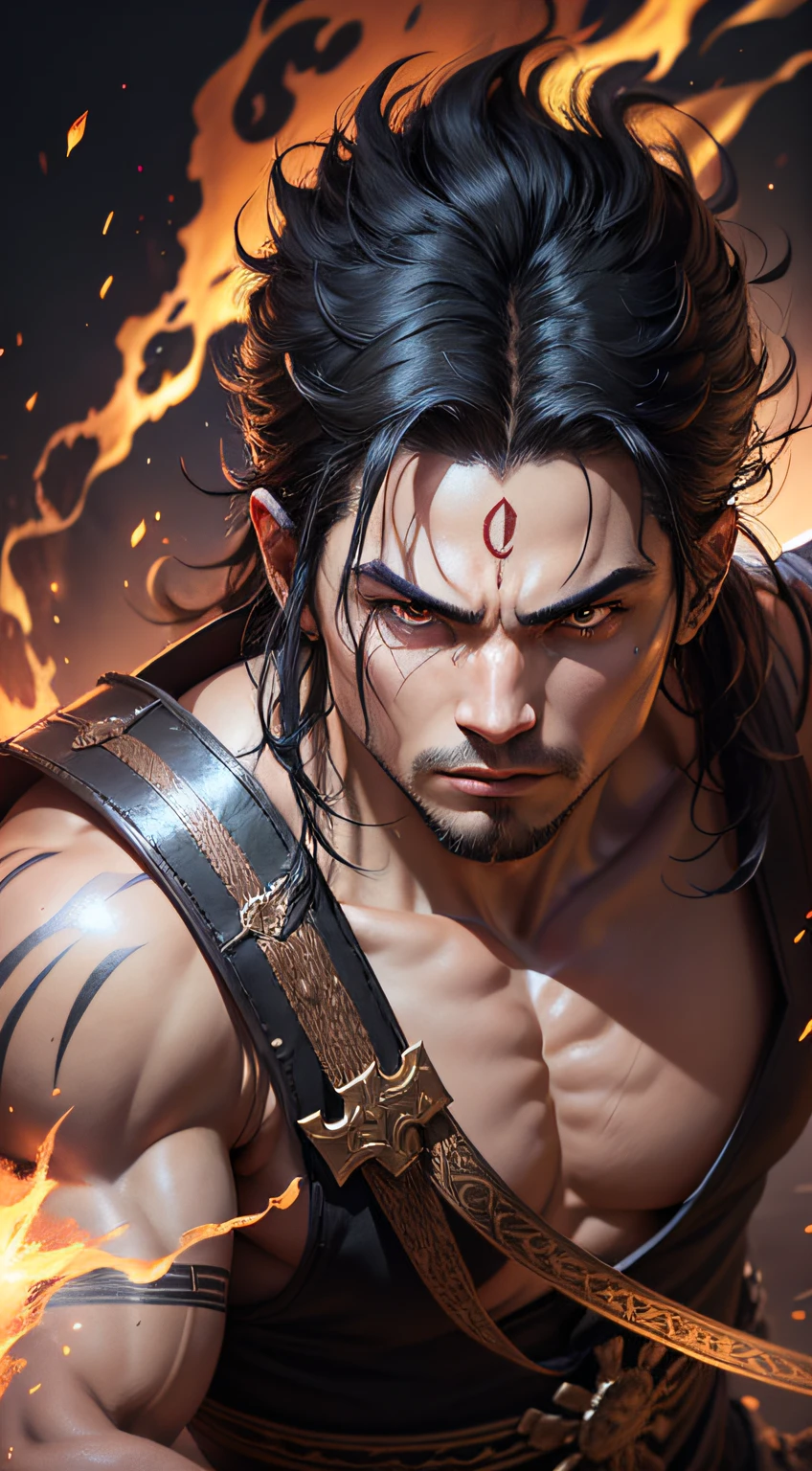 Young Warrior, man, black hair like night, mystical mark of light in the form of Dragon on the forehead, aura of power all over the body, action scene, sword on fire., black hair, eye reflection, snake pupils, cinematic lighting, motion blur, drop shadow, Nikon, Ultra-Wide Angle, UHD, anatomically correct, super detail, best quality, textured skin, 16k,  1080P