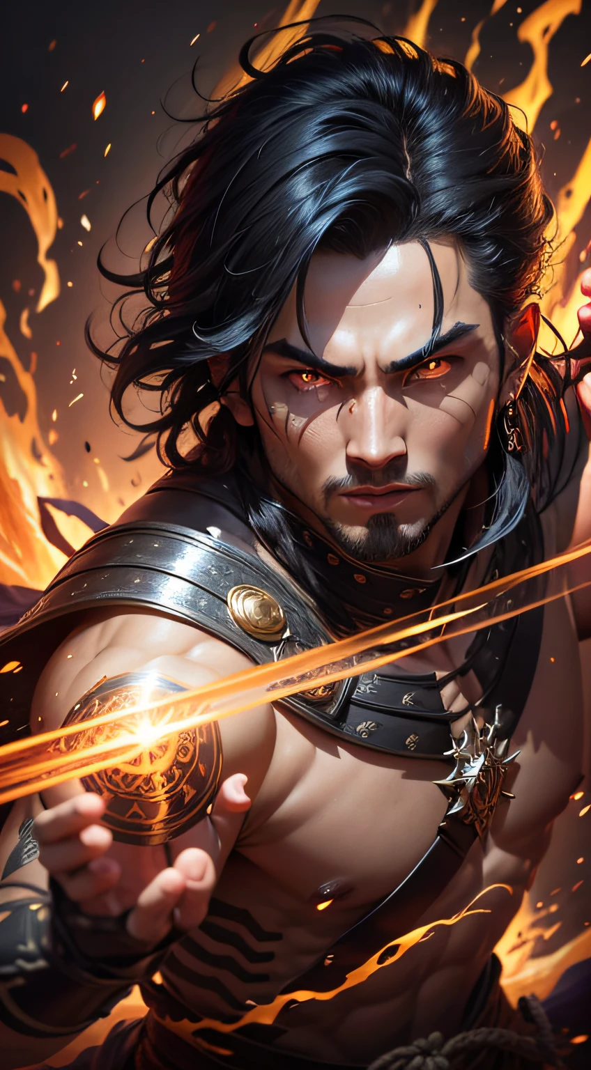Young Warrior, man, black hair like night, mystical mark of light in the form of Dragon on the forehead, aura of power all over the body, action scene, sword on fire., black hair, eye reflection, snake pupils, cinematic lighting, motion blur, drop shadow, Nikon, Ultra-Wide Angle, UHD, anatomically correct, super detail, best quality, textured skin, 16k,  1080P
