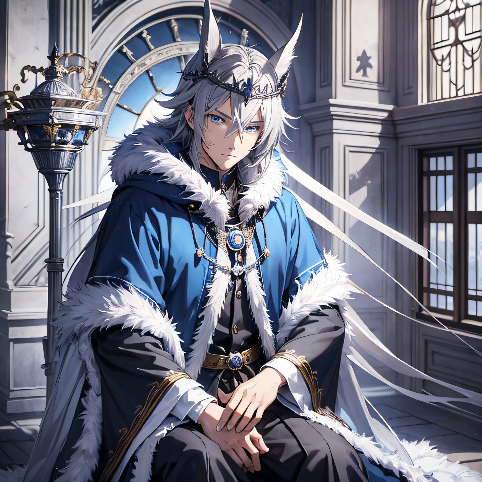 Anime-style, dark fantasy, handsome, silver-haired, blue-eyed rabbit ears, rabbit person, fur, crown, cloak, throne, fantasy --auto --s2
