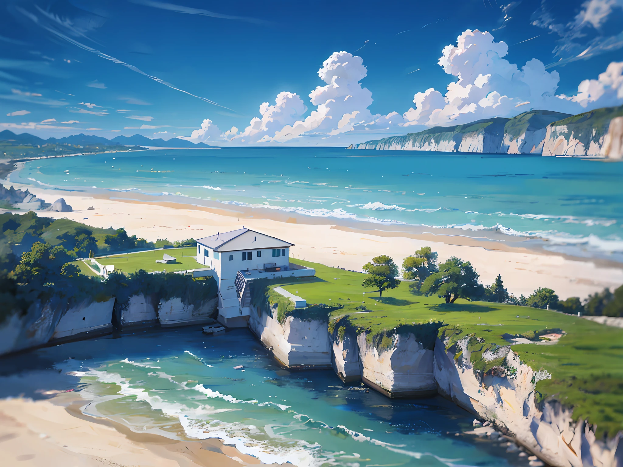 professional ultra quality photo Sea view, beautiful clouds, sunny day, award wining masterpiece, best quality, HDR, perfect perspective, perfect geometry, artistic lens,