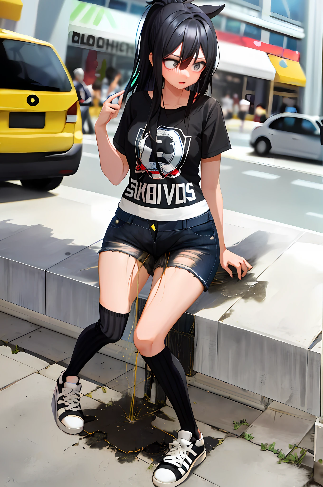 girl, black hair, black and white stripe thigh high socks, blue denim ripped short shorts, ((peeing stain)), worried, embarrassed, standing, mall, clothing store, sneakers