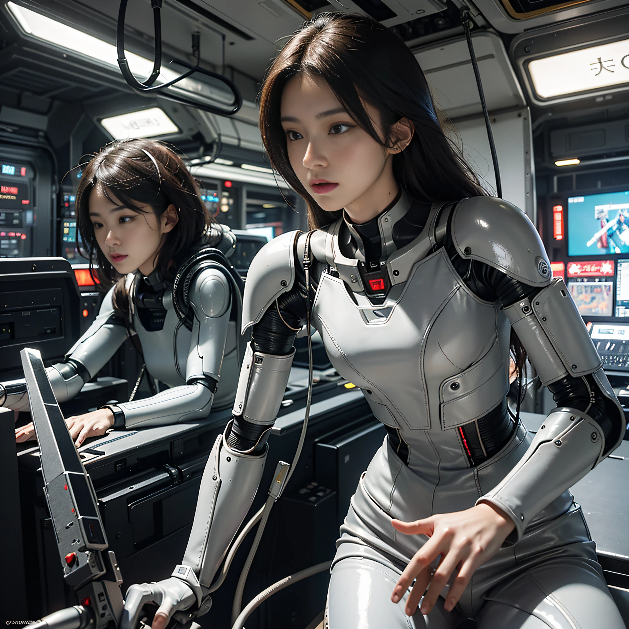 Best quality, delicate face, 20 years old Japan beautiful girl, beautiful face, beautiful eyes, shiny long hair, slim body, mechanical body, robot body, wires, cables, meters, cockpit, standing and maneuvering, over the city, there is a huge alien spaceship floating in the air, cyberpunk, sci-fi, dynamic pose, dynamic angles, weapons, space war,