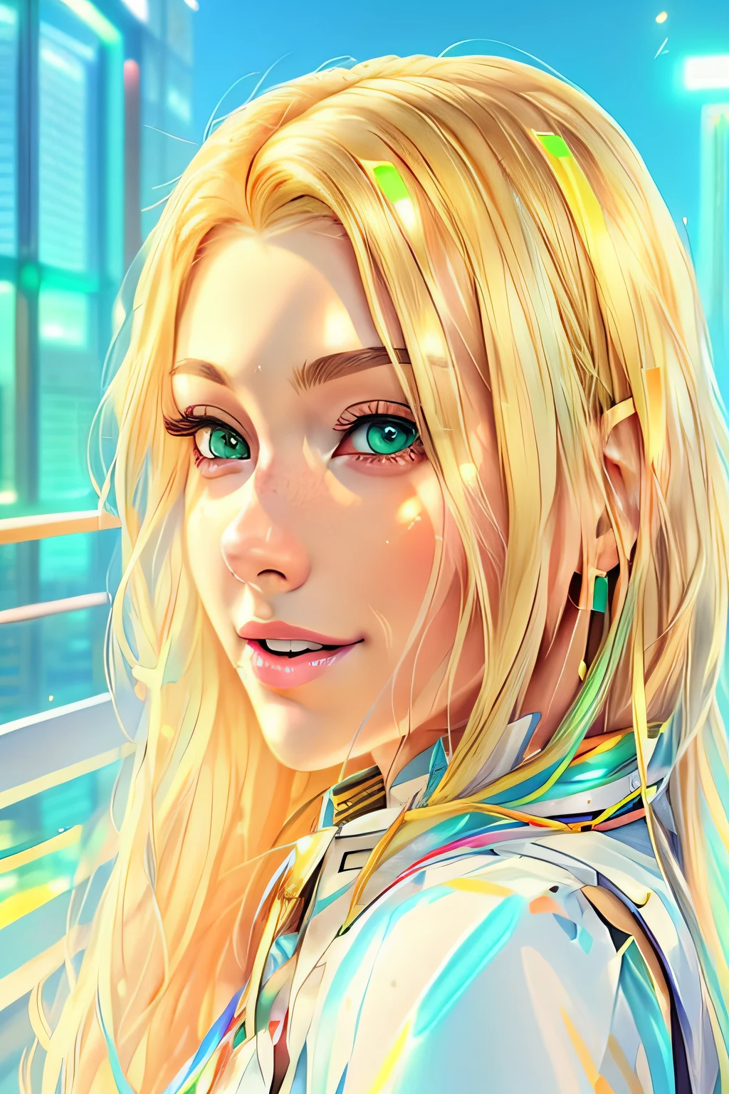 painting of a woman with blonde hair and green eyes smiling looking straight ahead, 8k artgerm bokeh, realistic art style, rossdraws portrait, photorealistic art style, digital cyberpunk anime art, closeup character portrait, extremely detailed artgerm, realistic anime art style, ig model | Artgerm, Ross 1. 0, RossDraw digital painting