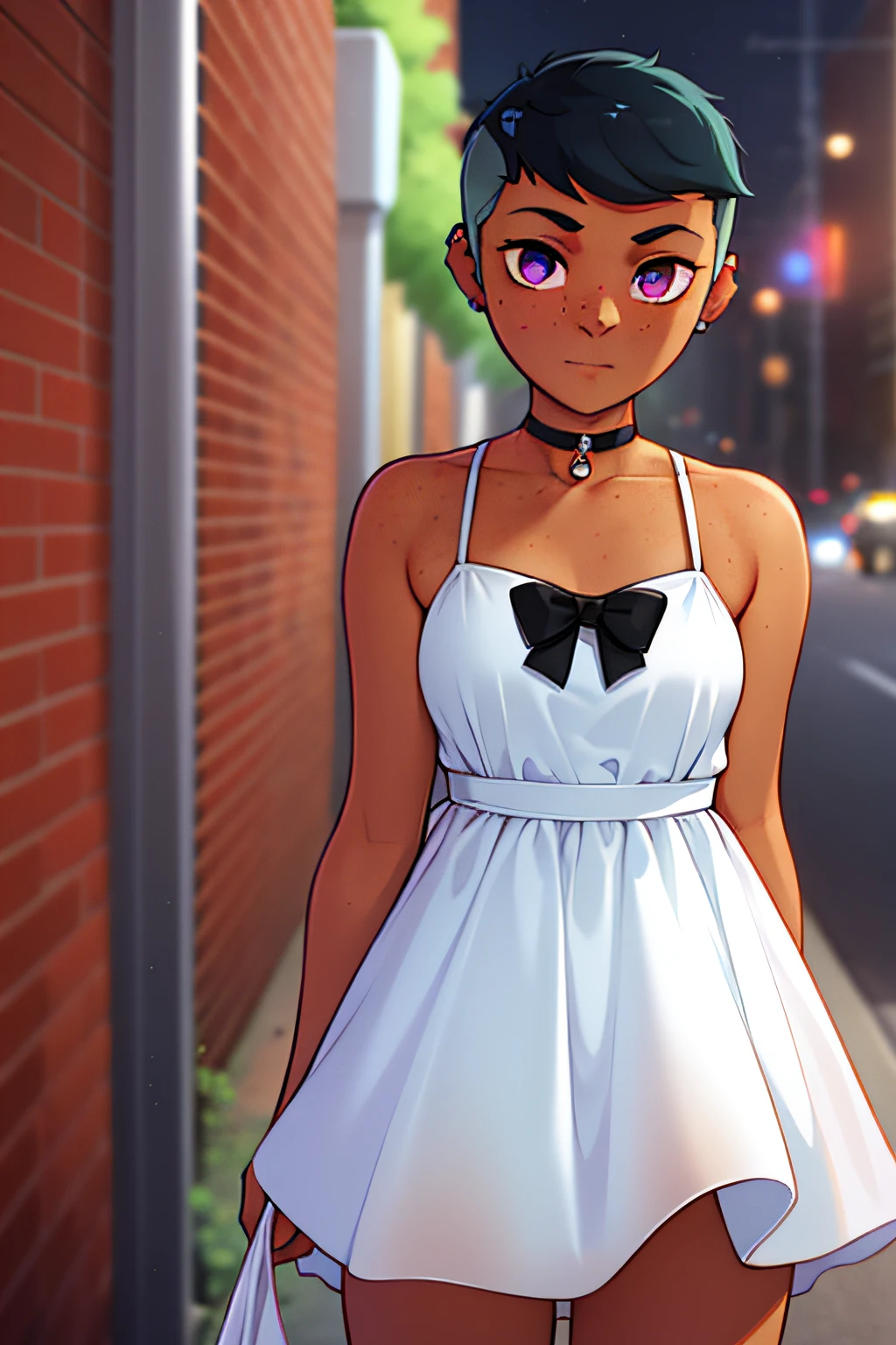 riley fairfeather, masterpiece, best quality 1girl, solo, 1girl, solo, freckles, dark skin, dark-skinned female, purple eyes, short hair, green hair, multicolored hair, very short hair, black hair, undercut, gradient hair, two-tone hair, piercing, ear piercing, nose piercing, medium breasts, full body, choker, standing, hands behind back, sundress, upskirt, panties visible,