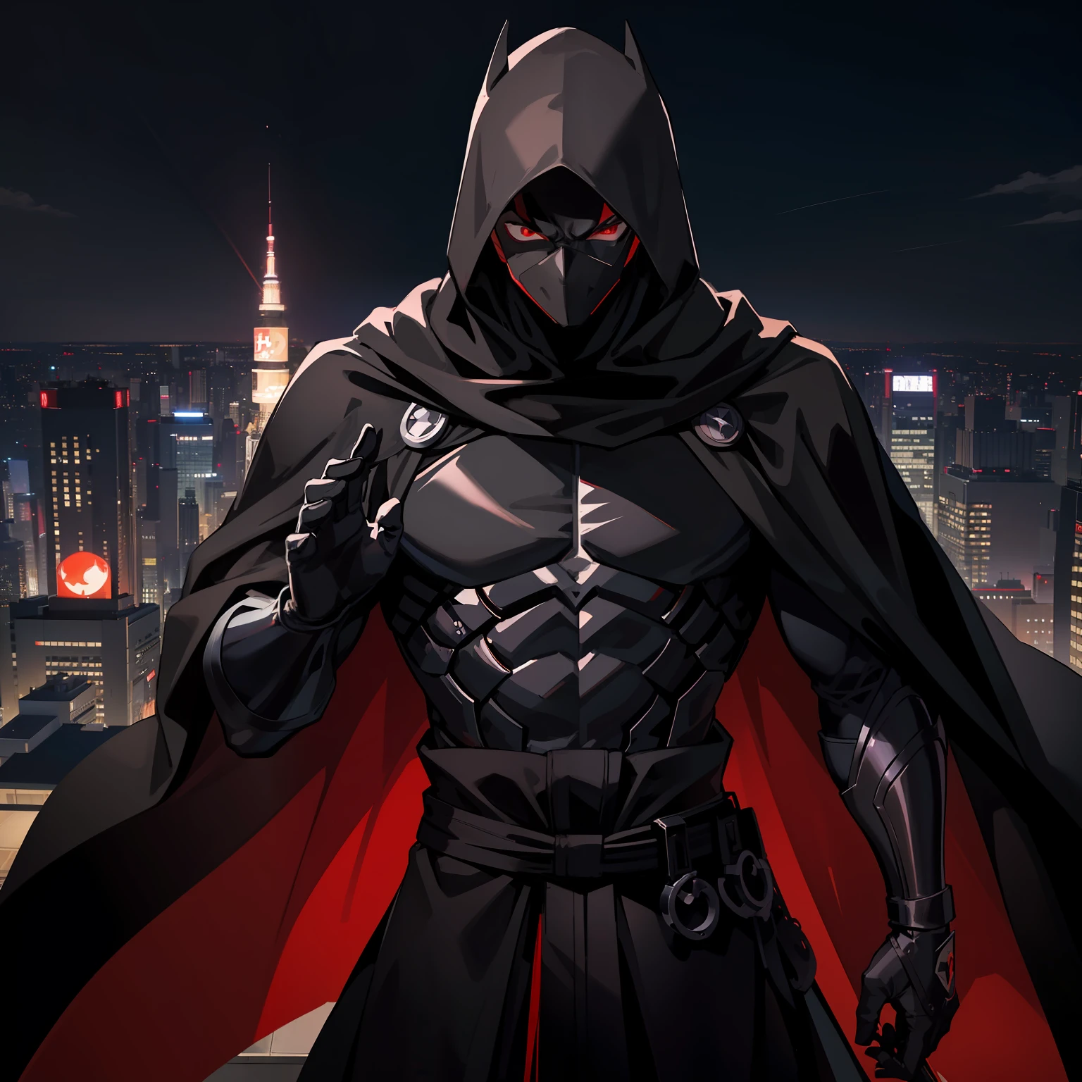 The highest quality, perfect masterpiece, perfect art, 8K, 1male, super hero, Japanese, long black cape, black hood, night, serious, cold, masked, red eyes, on top of a building, vigilant, trained physique, ninja style, black clothing all over the body, agile, silver armor on the chest and shoulder, Tokyo, Anime