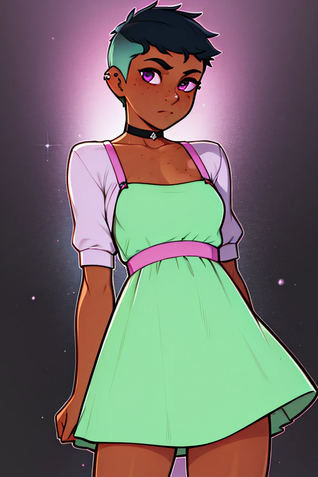 riley fairfeather, masterpiece, best quality 1girl, solo, 1girl, solo, freckles, dark skin, dark-skinned female, purple eyes, short hair, green hair, multicolored hair, very short hair, black hair, undercut, gradient hair, two-tone hair, piercing, ear piercing, nose piercing, medium breasts, full body, choker, standing, hands behind back, sundress, upskirt, panties visible,