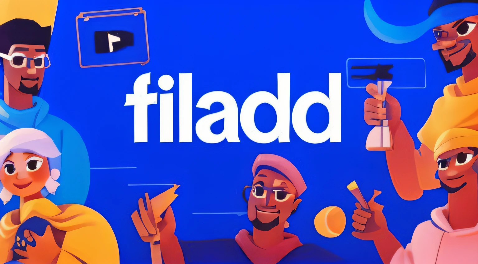 a group of people standing around a blue sign that says filafi, shaded flat illustration, by Ludovit Fulla, placid, flat bold color, iliad, discord moderator, discord mod, illustration!, inspired by Ludovit Fulla, featured on reddit, avatar for website, inspired by Tivadar Alconiere, inspired by Felipe Seade, illustration”