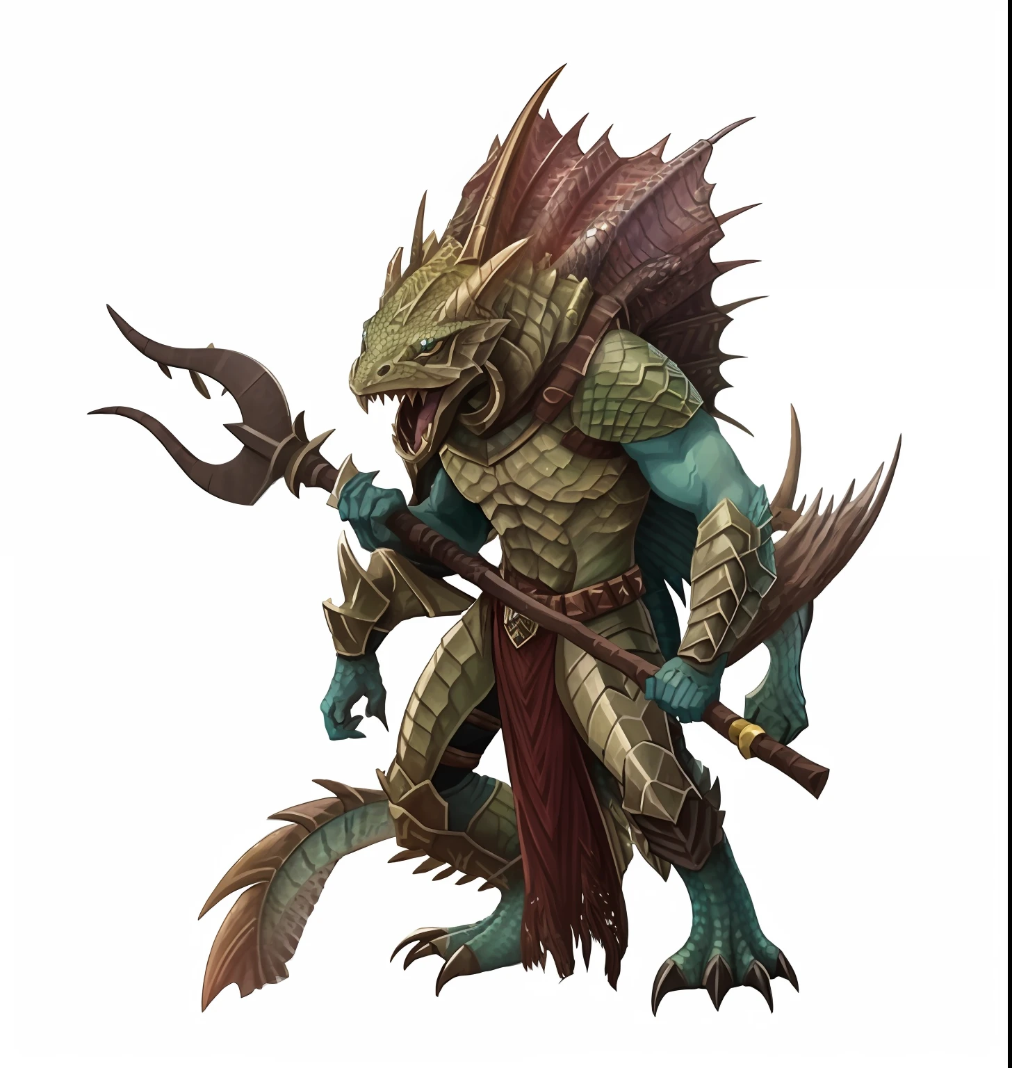 a close up of a creature with a spear and a stick, lizardfolk, as atlantean reptilian warriors, lizardman warrior concept, lizardman, from pathfinder, dnd triton, lizardman art, monster hunter monster, drak fantasy goblin, gnoll, sci-fi lizardman, as a badass monster hunter