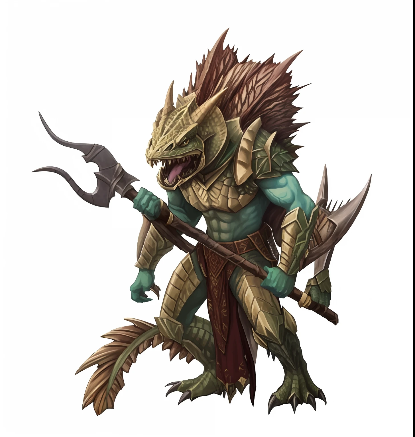 a close up of a creature with a spear and a stick, lizardfolk, as atlantean reptilian warriors, lizardman warrior concept, lizardman, from pathfinder, dnd triton, lizardman art, monster hunter monster, drak fantasy goblin, gnoll, sci-fi lizardman, as a badass monster hunter