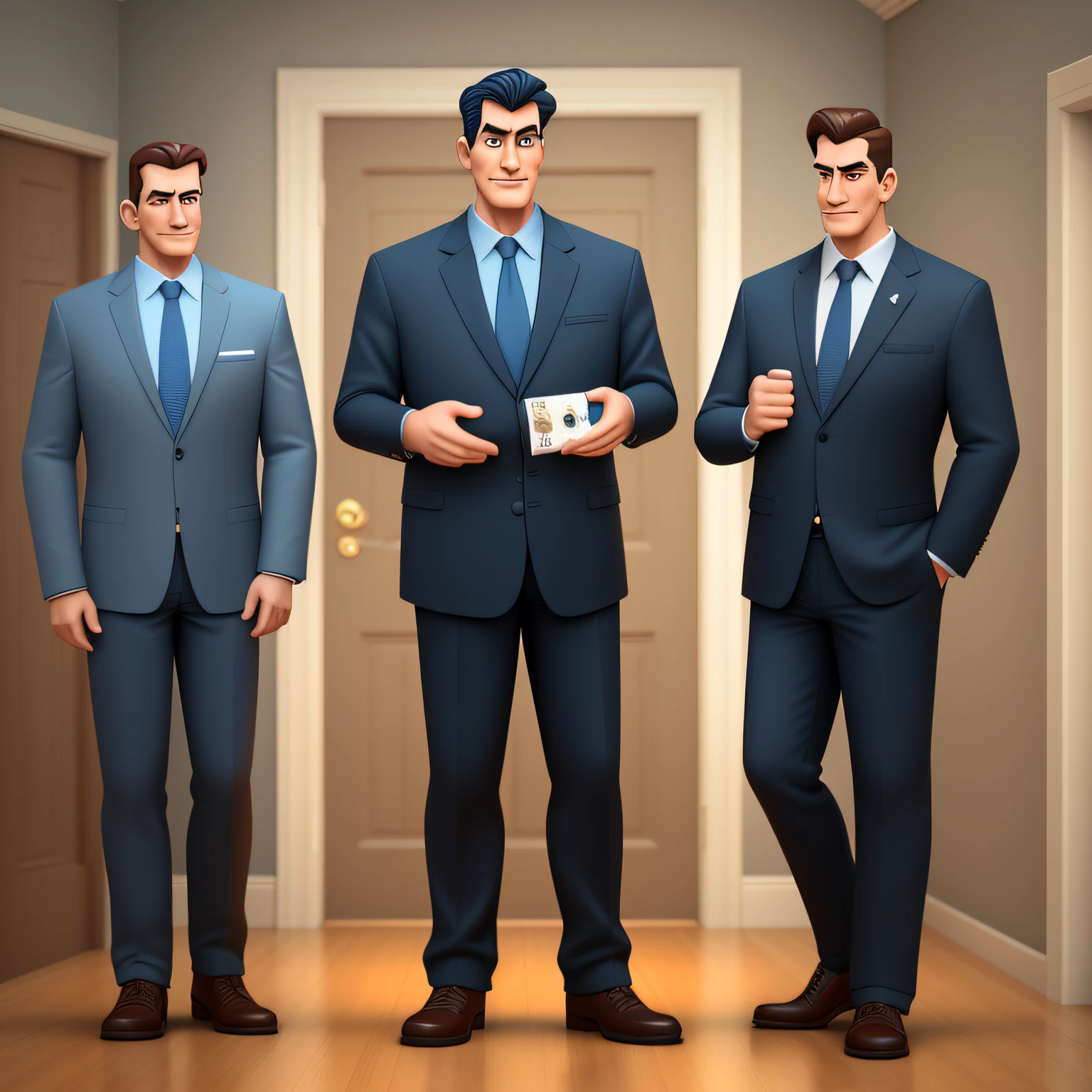 3D illustration, cartoonized style Disney technique extremely realistic in high quality, extremely detailed, perfect hands, 50 year old man half full-bodied, lined up thin and tall in very dark blue dress shirt, no tie and blue jeans and full body social shoes, very happy holding the key to the house, blank background