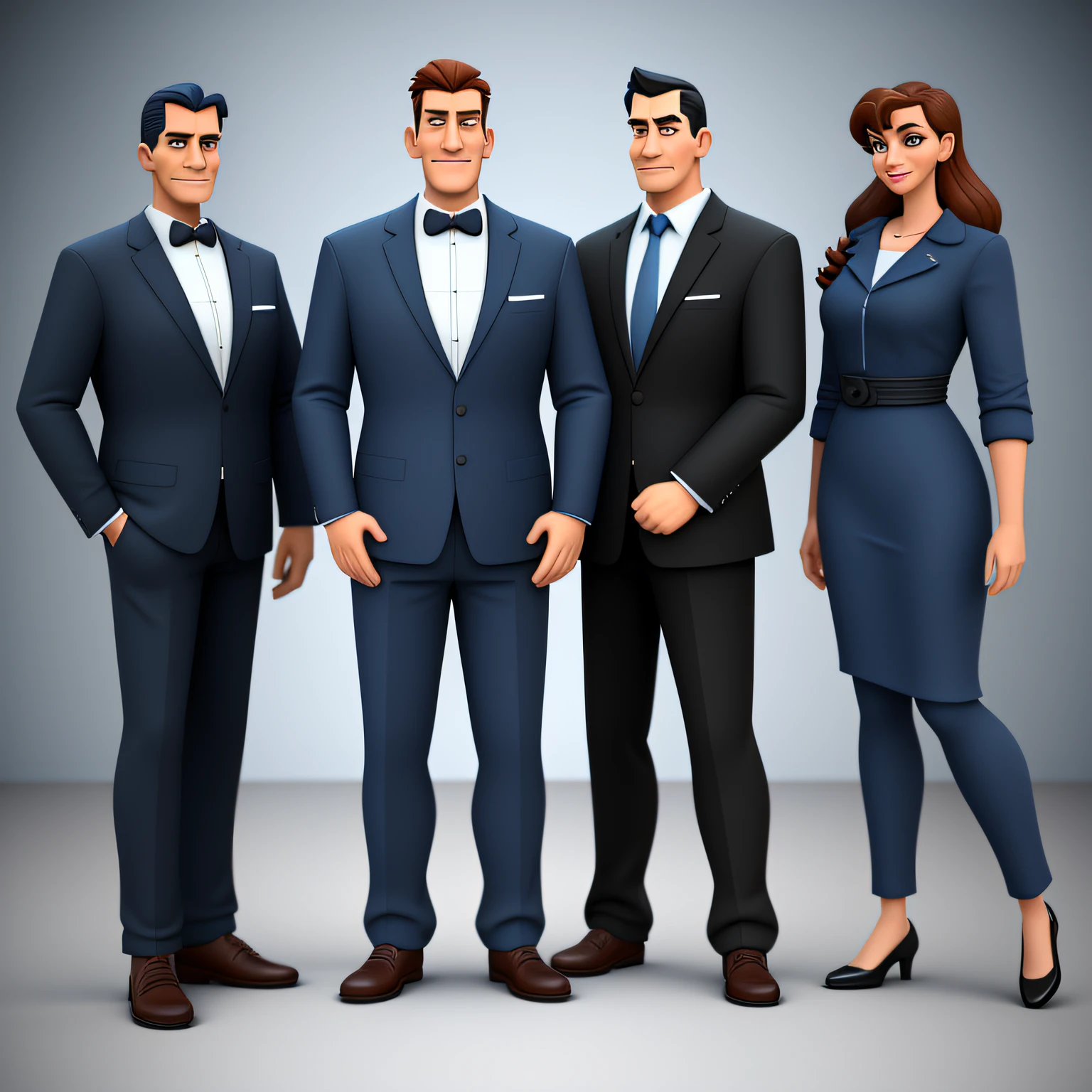 3D illustration, cartoonized style Disney technique extremely realistic in high quality, extremely detailed, perfect hands, 50 year old man half full-bodied, lined up thin and tall in very dark blue dress shirt, no tie and blue jeans and full body social shoes, very happy holding the key to the house, blank background
