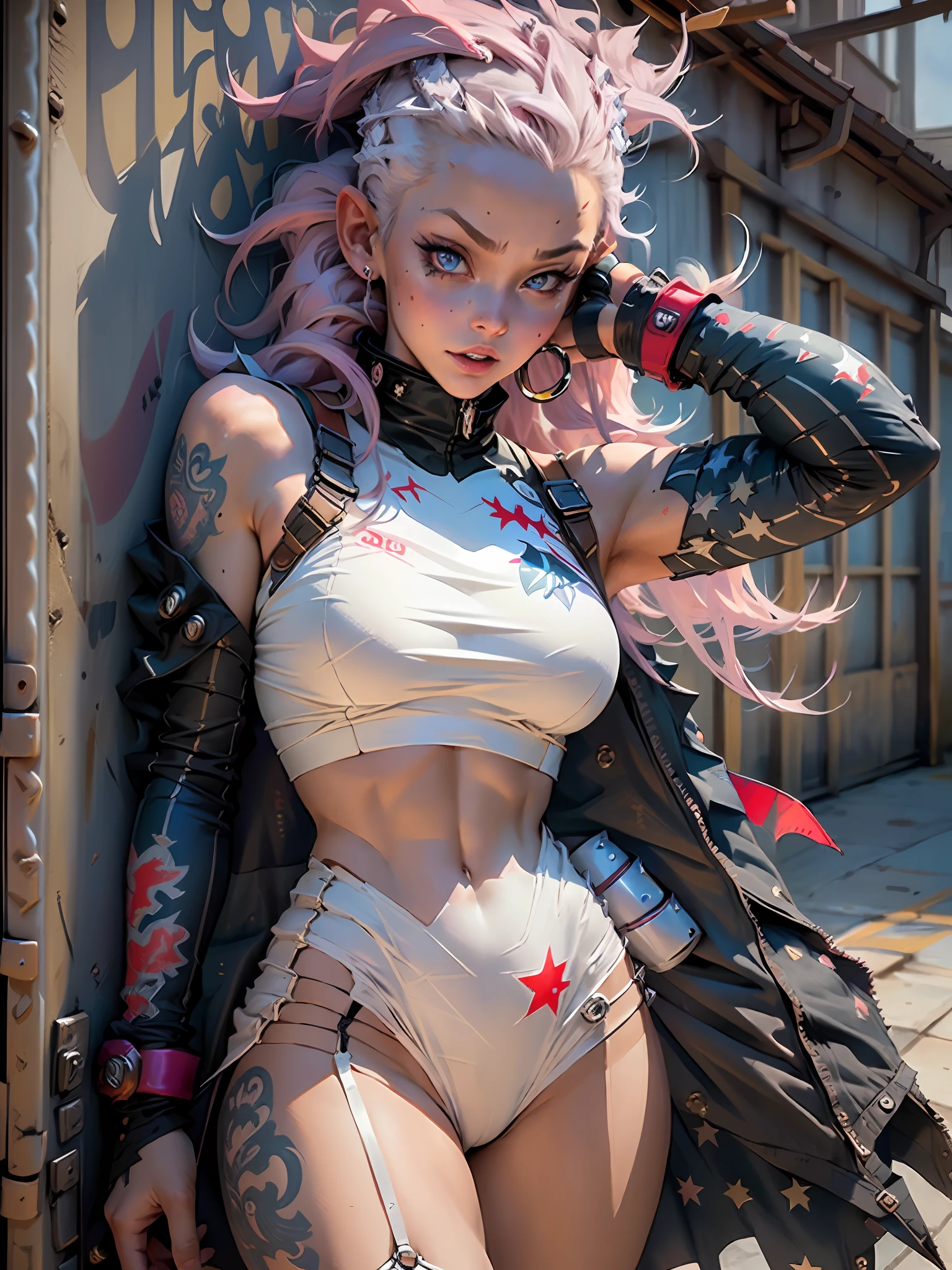 Woman defined body back, perfect ass, thick thighs parts of the covered by technological clothing, (((big breasts)) perfect, generous neckline, pastel, white mohawk hair with locks, red, short underwear, garter belt, by mucha, niji, close to real, best quality, almost naked, psychopath, crazy face, action pose, harlequin, starry night, outfit imitating P40 plane, shark mouth, dragon tattoos on the arms, dark blue bra with white stars, stars covering the breasts, shoulder pads with spikes, white eyes without pupils