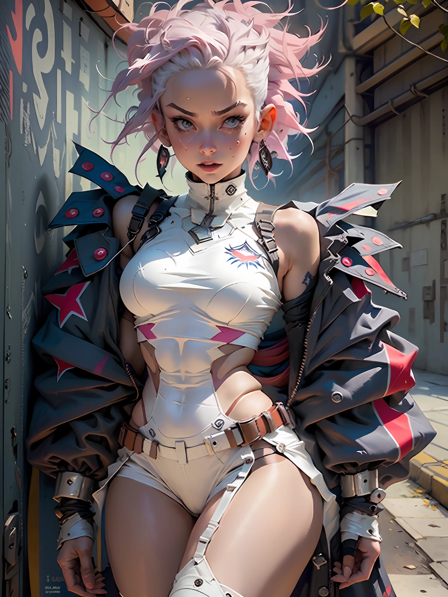 Woman defined body back, perfect ass, thick thighs parts of the covered by technological clothing, (((big breasts)) perfect, generous neckline, pastel, white mohawk hair with locks, red, short underwear, garter belt, by mucha, niji, close to real, best quality, almost naked, psychopath, crazy face, action pose, harlequin, starry night, outfit imitating P40 plane, shark mouth, dragon tattoos on the arms, dark blue bra with white stars, stars covering the breasts, shoulder pads with spikes, white eyes without pupils