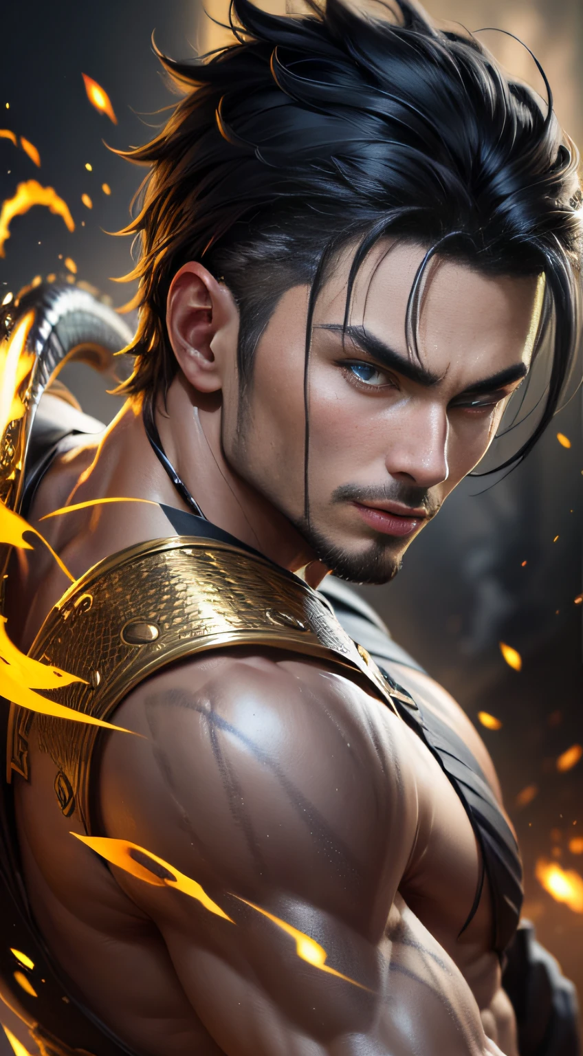 Young Warrior, man, short black hair shaved from the side, like night, mystical mark of light in the form of a Dragon on his forehead, aura of power all over his body, action scene, sword on fire. highly detailed eyes, golden light effects, golden dragon scale armor, black hair, eye reflection, snake pupils, cinematic lighting, motion blur, drop shadow, Nikon, Ultra-Wide Angle, diffraction spikes, Canon, UHD, anatomically correct, super detail, best quality, textured skin, 16k, 1080P