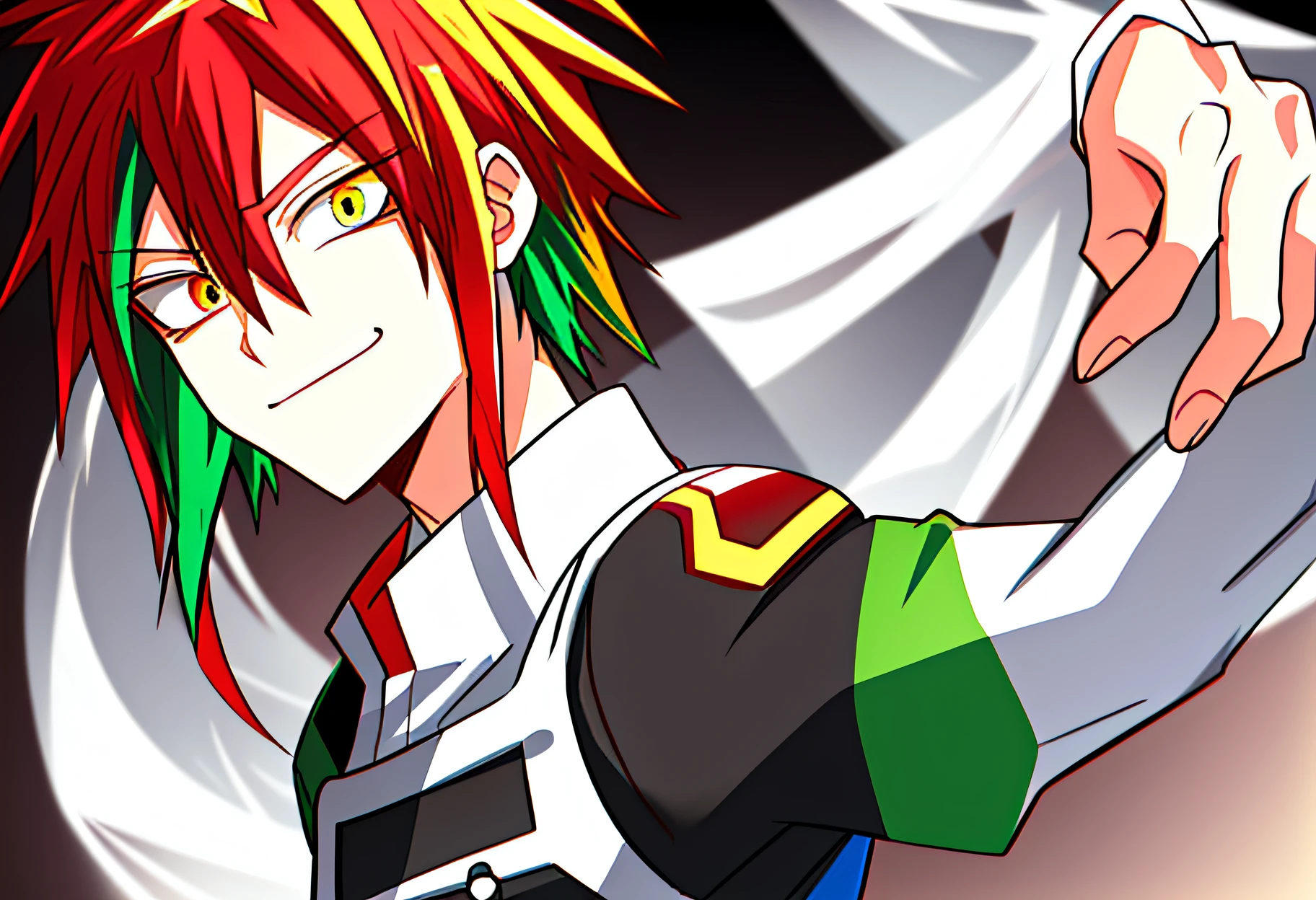 1man, Tall, My Hero Academia art style. Multicolored Hair (Red Hair, White Hair), Kitchen Background, Heterochromia Yellow Eye, Green Eye