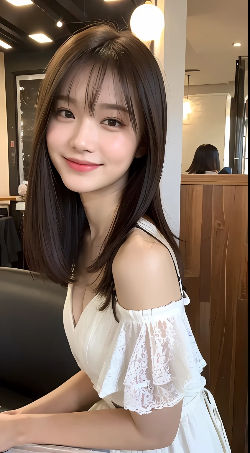 (((Top Quality, 8K, Masterpiece: 1.3)), Focus: 1.2, Perfect Body Beauty: 1.4, Ass: 1.2, ((Layered Haircut, Chest: 1.2)), Bando Dress: 1.1, Highly Detailed Face and Skin Texture, Narrow Eyes, Double Eyelids, Whitening Skin, Long Hair, (Shut Up: 1.3), Smile, Restaurant