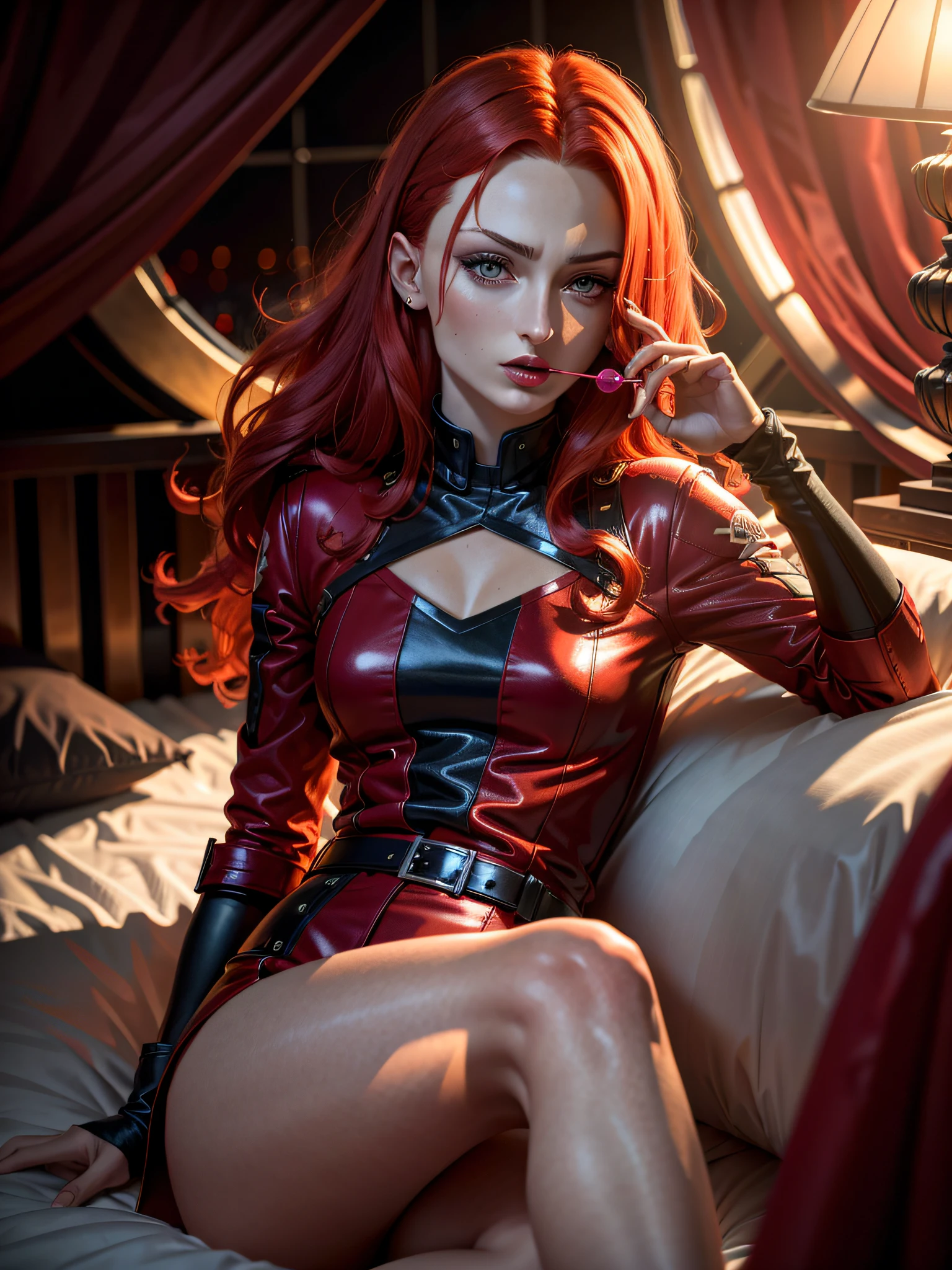 dark Phoenix (Sophie turner, red hair) sucking lollipop in bed, photorealistic, 8k, photo raw, depth of field