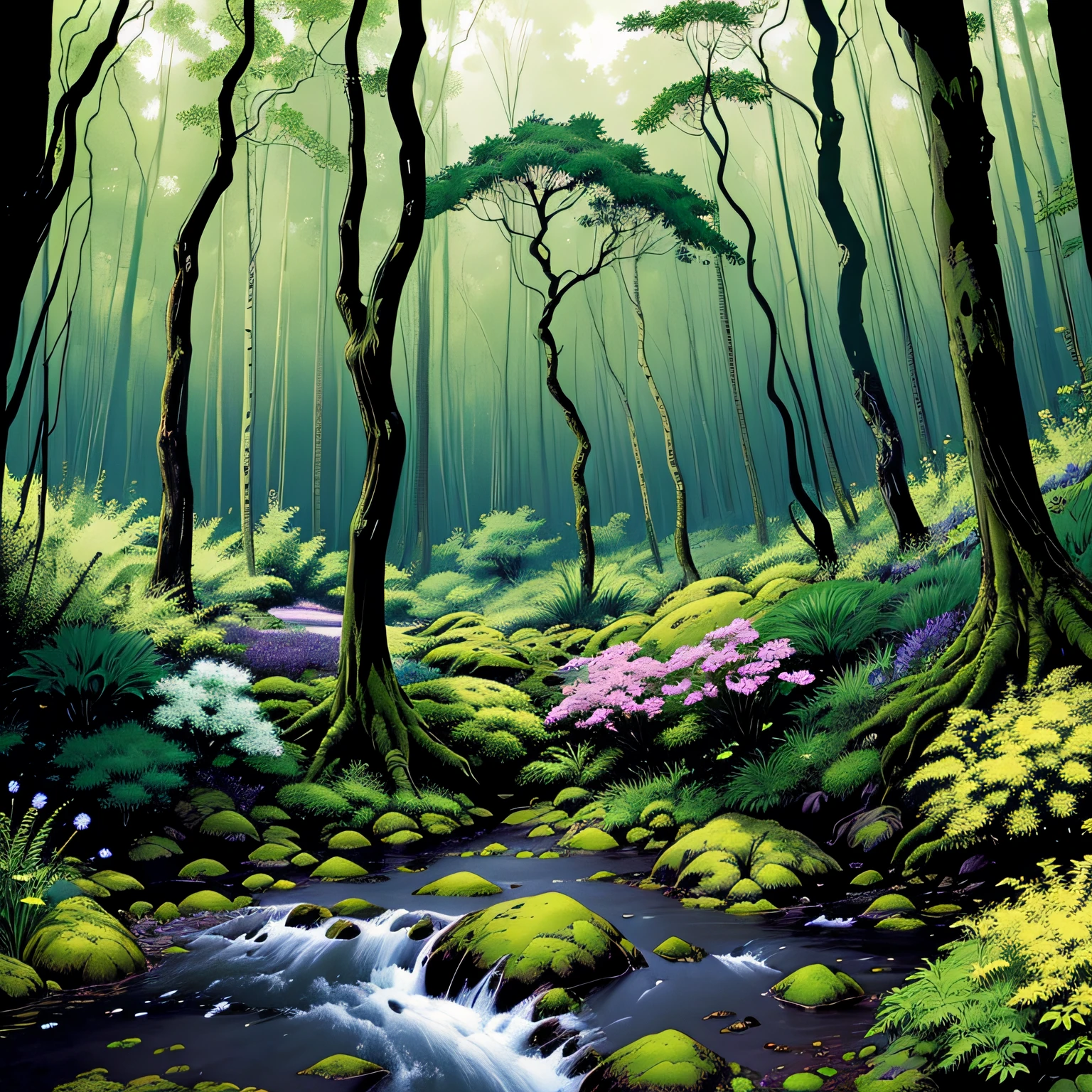 Please create a Game Background of a forest in 2D pixel art style:
1 General appearance of the forest:
Imagine a lush, dense forest teeming with life. The trees are tall and majestic, with different shapes and sizes. Some are towering oaks, others are tall, elegant pines. There are also fruit trees, with their branches laden with colorful fruit. The vegetation is varied, with dense shrubs, delicate ferns and mosses covering the soil and tree trunks.
2 Vegetation details:
Scattered throughout the forest are shrubs full of green and vibrant leaves. Ferns create a lush environment, while mosses give a mystical appearance to tree trunks. Colorful flowers appear on the forest floor and amid the foliage of the trees, creating a spectacle of colors.
3 Characteristics of the terrain:
The forest is composed of a varied terrain. Gentle hills give a sense of movement, while small slopes provide depth to the landscape. In the background, a small mountain rises majestically A winding stream runs through the forest, adding a serene touch to the surroundings. In a more hidden part of the forest, there is a mysterious cave waiting to be explored. At certain points, open clearings offer airy spaces amid lush greenery.
4 Colors and palette:
The color palette is vibrant and full of life. Shades of green predominate, varying between different hues for trees and plants. The shrubs exhibit an intense green and the leaves of the trees capture a variety of shades, from dark green to light green. Mosses add a touch of olive green to tree trunks, while ferns display a vibrant, fresh green. The flowers are an explosion of colors, with shades of red, yellow and purple, dotting the forest floor.
5 Atmosphere and lighting:
The atmosphere in the forest is mysterious and enchanted. The rays of the sun. --auto --s2
