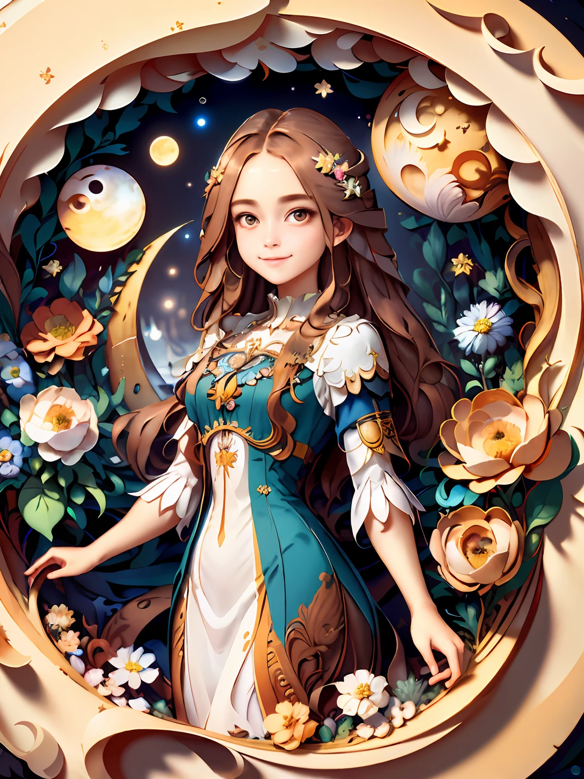 (masterpiece),(best quality), illustration, (fantasy:1.4), brown long hair, long eye lashes, solid circle eyes, light smile, Surrealism, drop shadow, anaglyph, stereogram, atmospheric perspective, 8k, super detail, accurate, best quality, UHD, textured skin, long dress, a moon, flowers , paper_cut