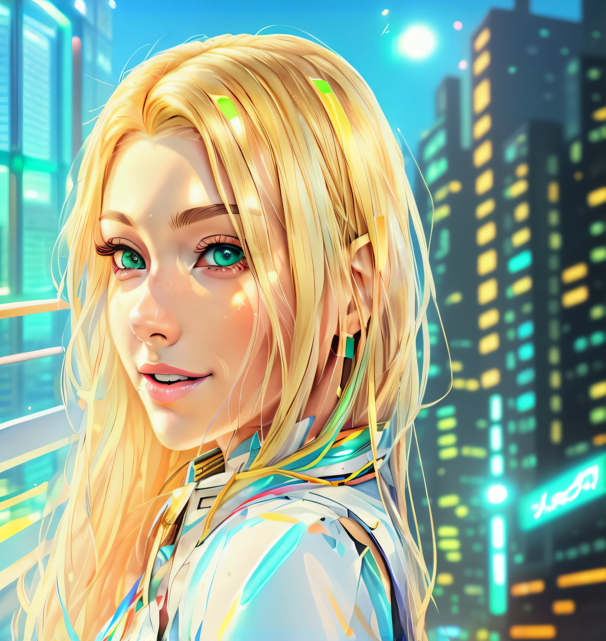 Front Anime Girl with Blonde Hair and Green Eyes in a City, Awesome Digital Illustration, Glowwave Girl Portrait, Digital Cyberpunk Anime Art, Highly Detailed 4K Digital Art, Detailed Digital Anime Art, Beautiful Digital Art, Beautiful Digital Illustration, Realistic Digital Art, 4K Realistic Digital Art, 4K Realistic Digital Art, Digital Cyberpunk - Anime Art, Cute Cyborg Girl,  4K Detailed Digital Art