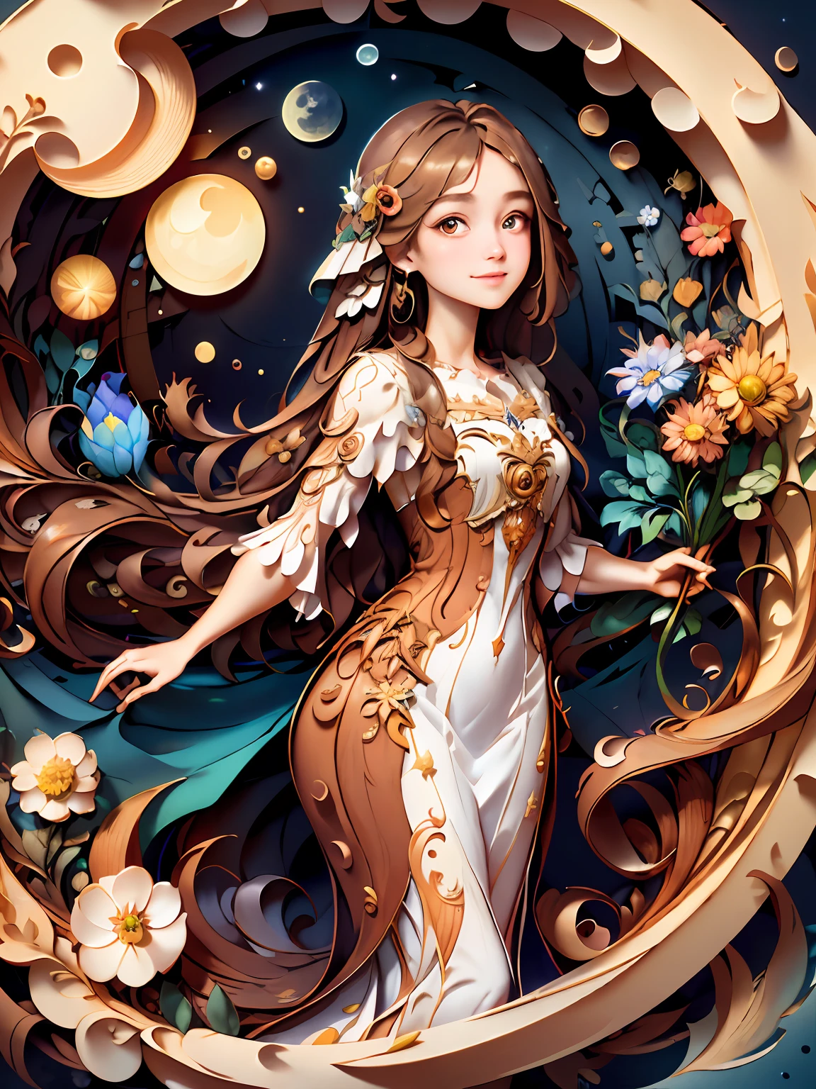 (masterpiece),(best quality), illustration, (fantasy:1.4), brown long hair, long eye lashes, solid circle eyes, light smile, Surrealism, drop shadow, anaglyph, stereogram, atmospheric perspective, 8k, super detail, accurate, best quality, UHD, textured skin, long dress, a moon, flowers , paper_cut