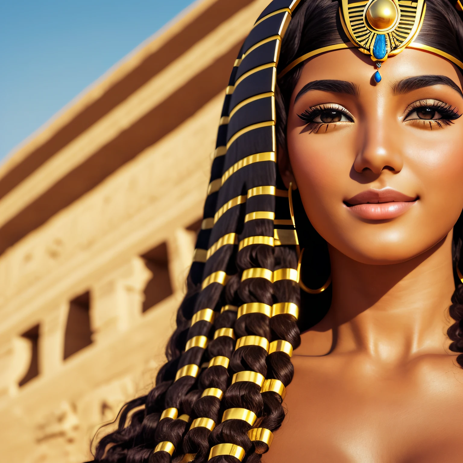 android woman,brown eyes,in egypt,curly hair,interio body,sunny day,cleopatra