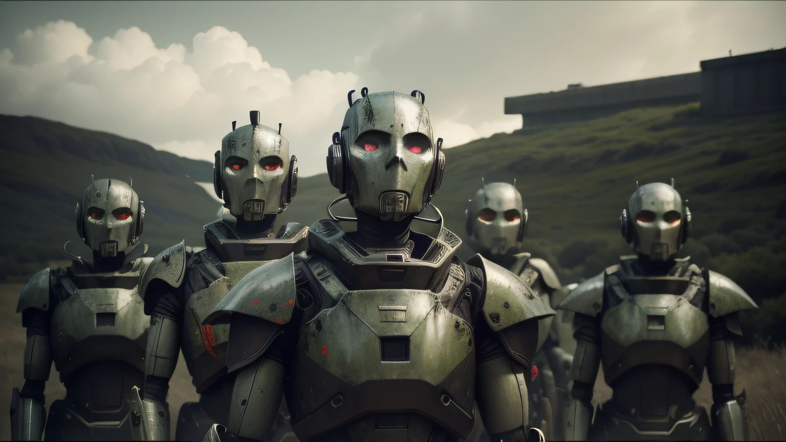there are five robots standing in a row in the grass, dystopian gray forest background, vfx shot, wales, intricate matte painting, still image from the movie, steampank style, real human faces, kitbashing, guards, rusty armor, video animation, terminals