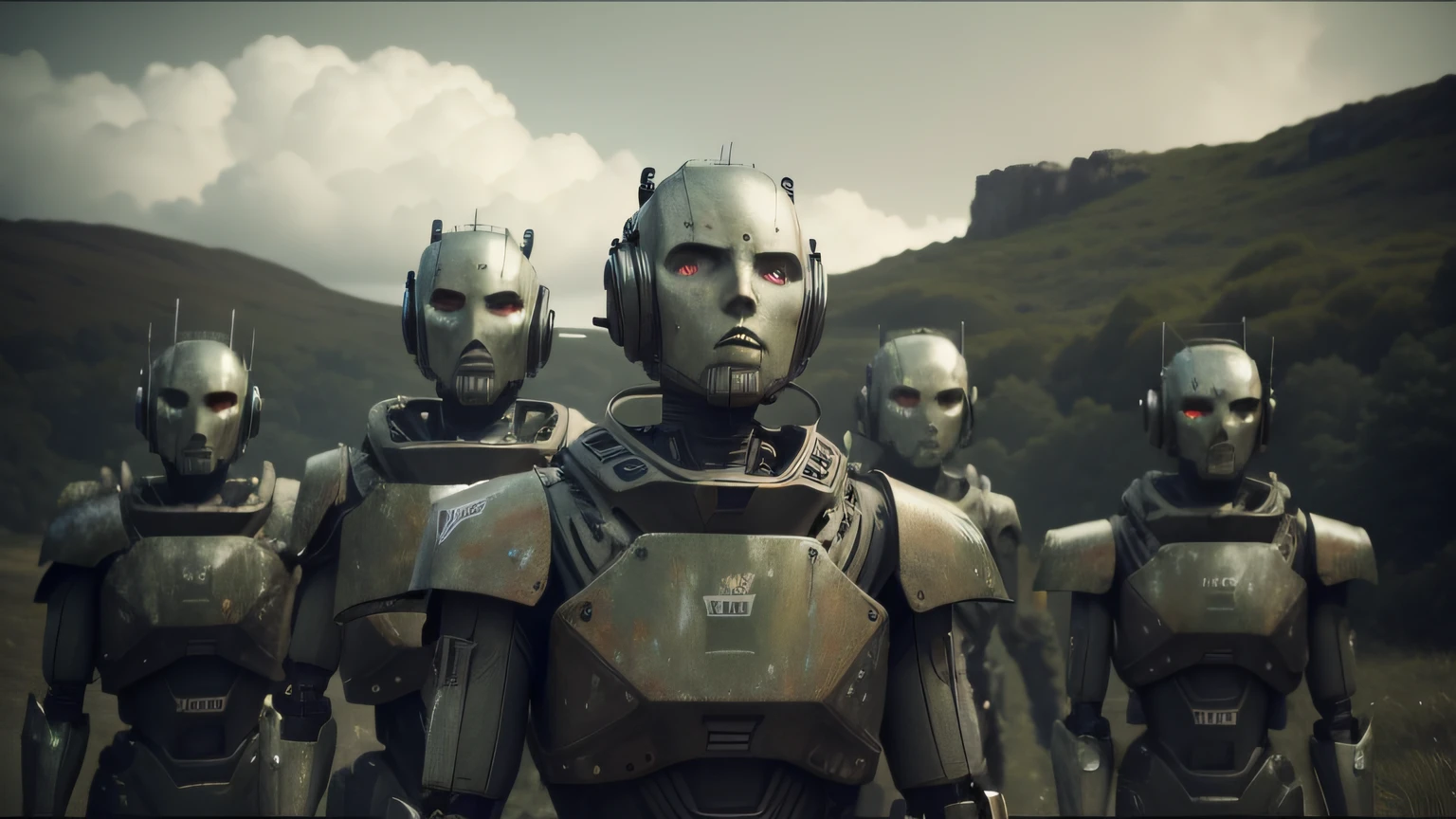there are five robots standing in a row in the grass, dystopian gray forest background, vfx shot, wales, intricate matte painting, still image from the movie, steampank style, real human faces, kitbashing, guards, rusty armor, video animation, terminals