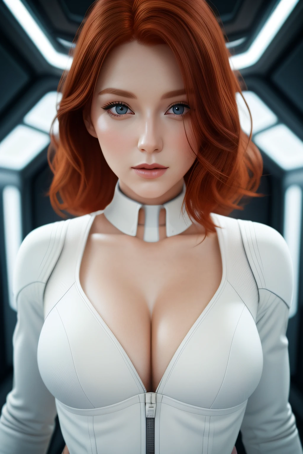 a portrait photography of a gorgeous redhead in open unbuttoned white space suit, cleavage, standing inside spaceship, attractive, flirting, looking at viewer, detailed skin, highly detailed, diffused soft lighting, hyperrealism, cinematic lighting