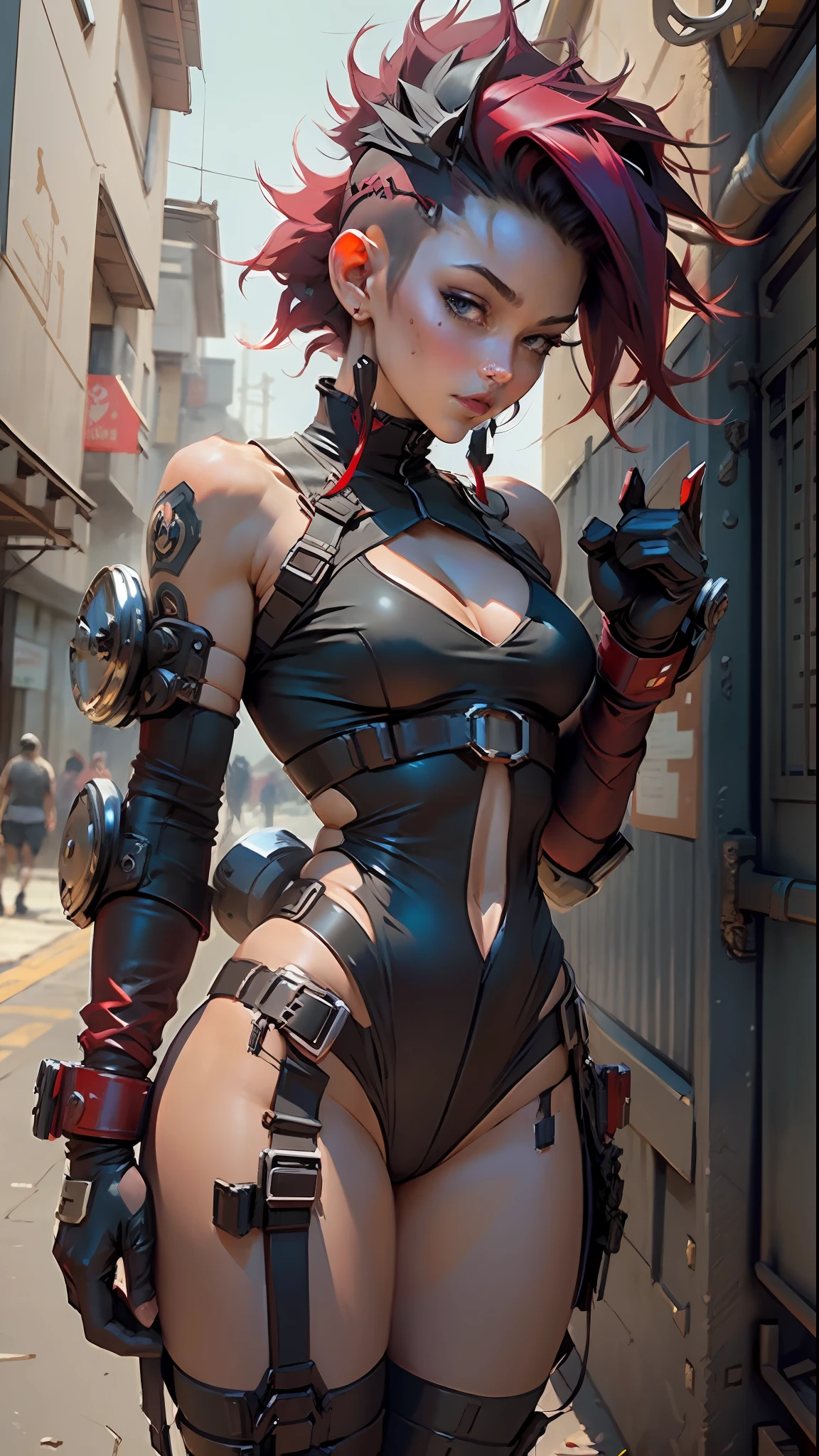 Woman body set thick thighs parts of the covered by technological clothing, perfect breasts, generous neckline, black and red mohawk hair, short underwear, garter belt, by mucha, niji, close to real, best quality, almost naked