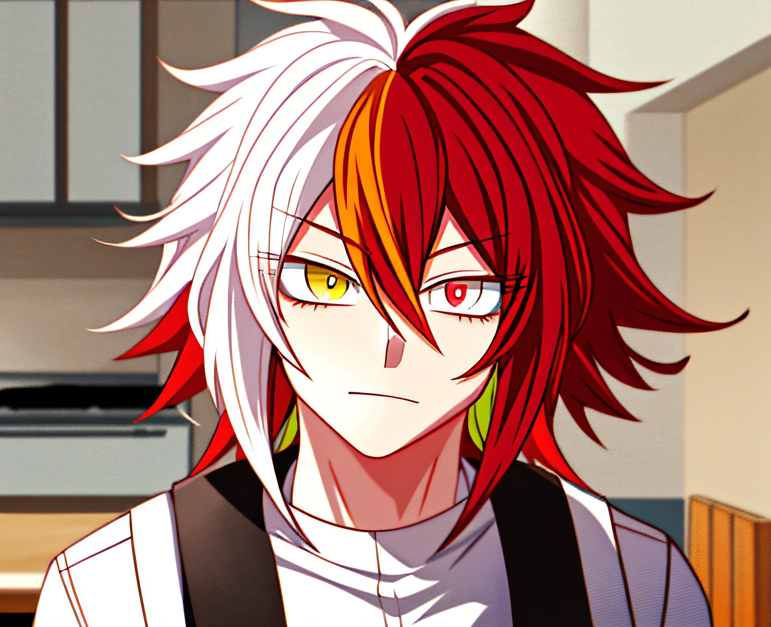 1man, Tall, My Hero Academia art style. Multicolored Hair (Red Hair, White Hair), Kitchen Background, Heterochromia Yellow Eye, Green Eye