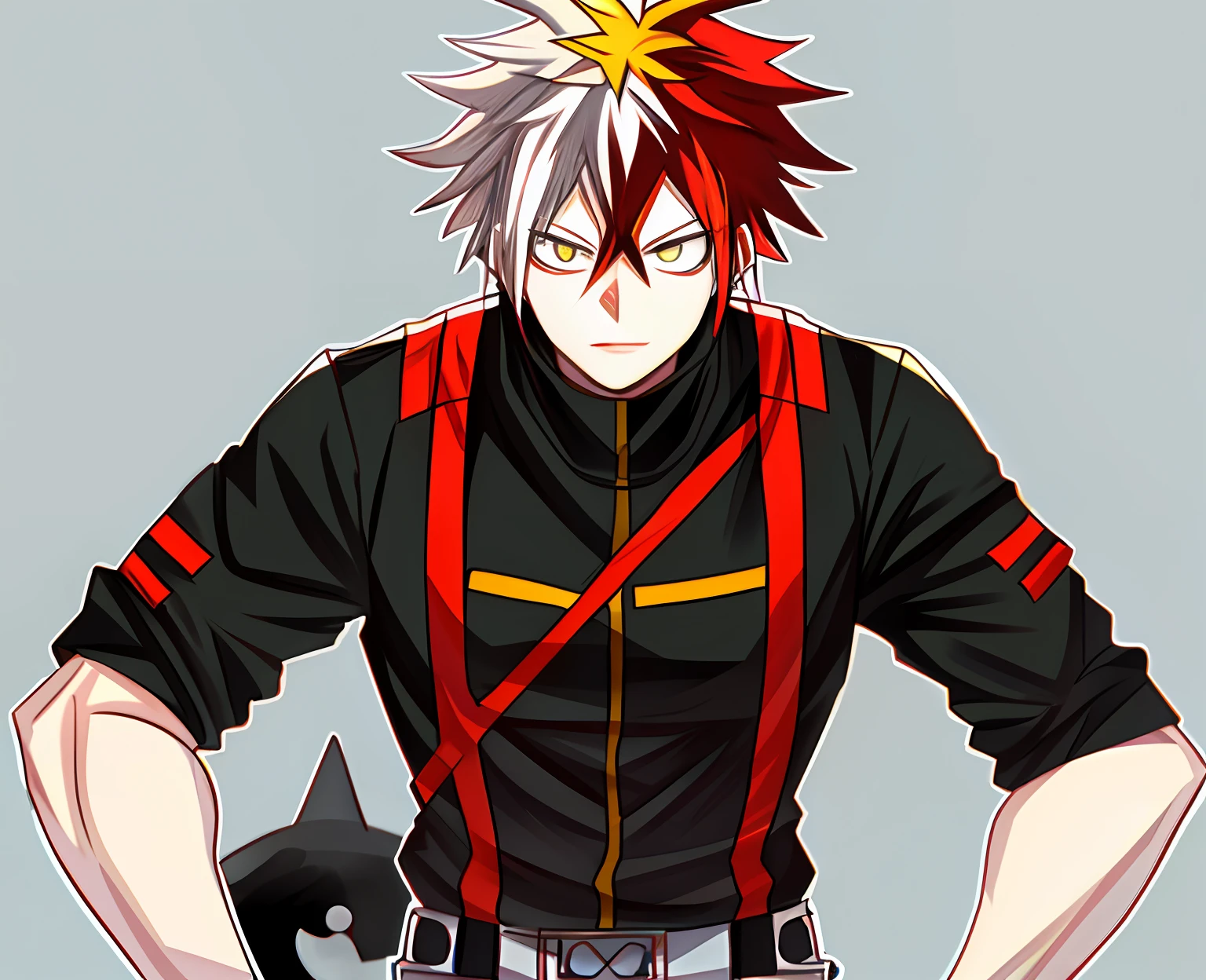 1man, Tall, My Hero Academia art style. Multicolored Hair (Red Hair, White Hair), Kitchen Background, Heterochromia Yellow Eye, Green Eye