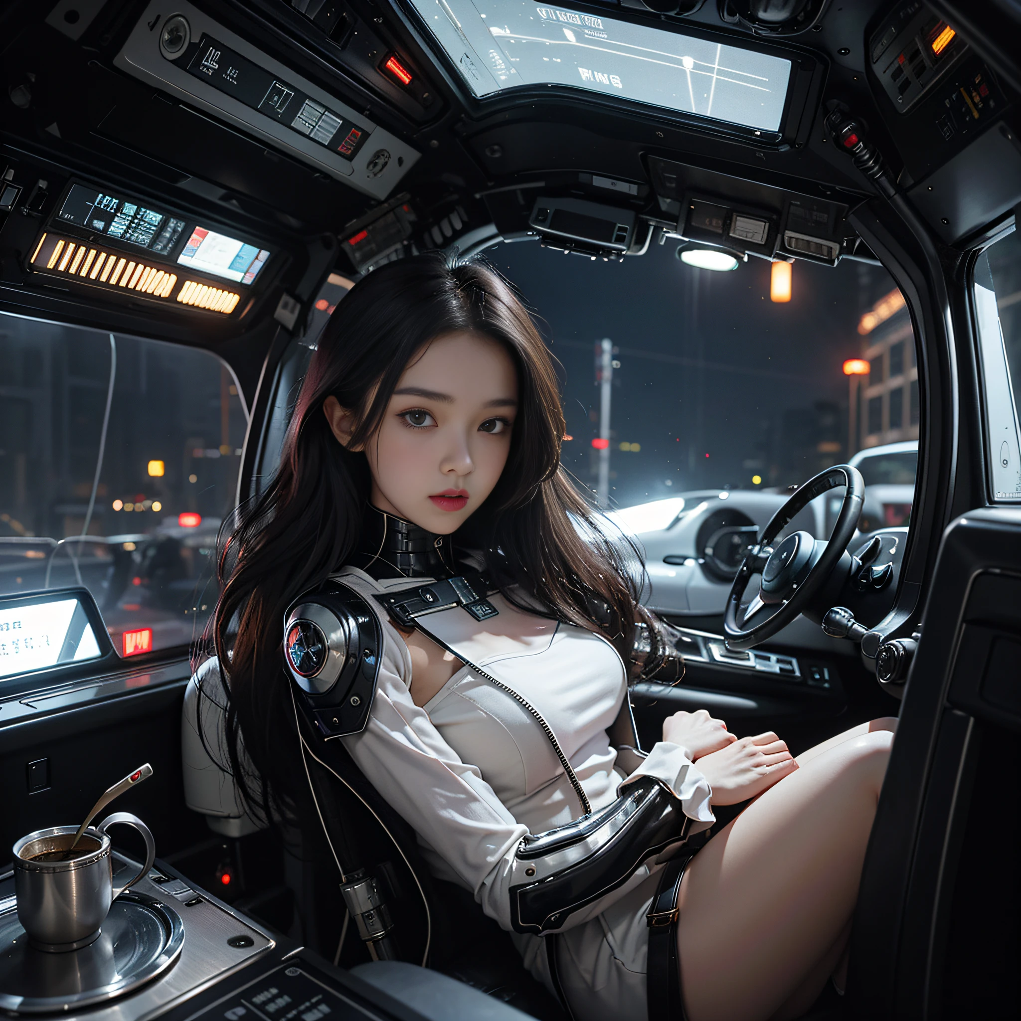Best quality, delicate face, 20 years old Japan beautiful girl, beautiful face, beautiful eyes, shiny long hair, slim body, mechanical body, robot body, wires, cables, meters, panels, lights, cockpit, turn around, over the city, there is a huge alien spaceship floating in the air, cyberpunk, sci-fi, dynamic angles, weapons, space war, porthole, illusion, smoke, emergency,
